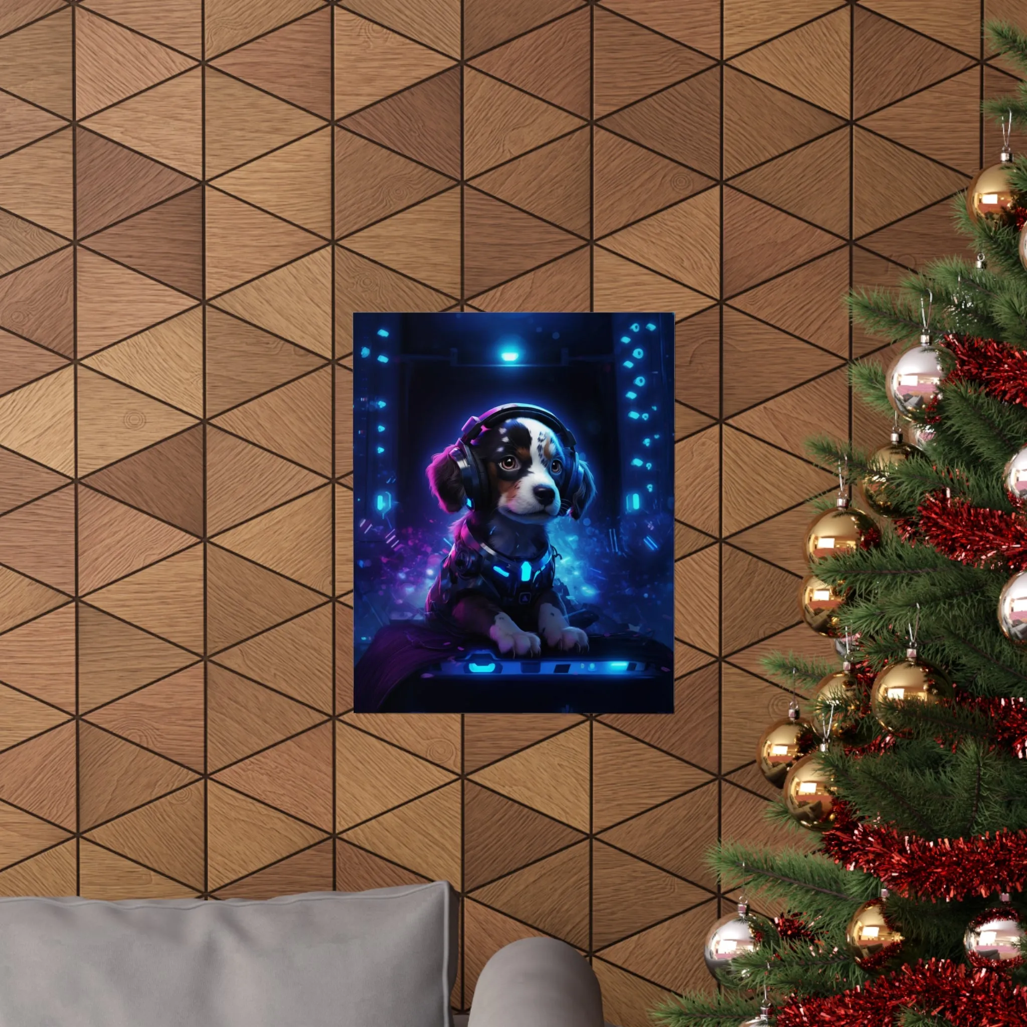 Cute Tech Savvy Puppy Poster, Futuristic Wall Art Print, CyberPunk Puppy Wall Print Unframed