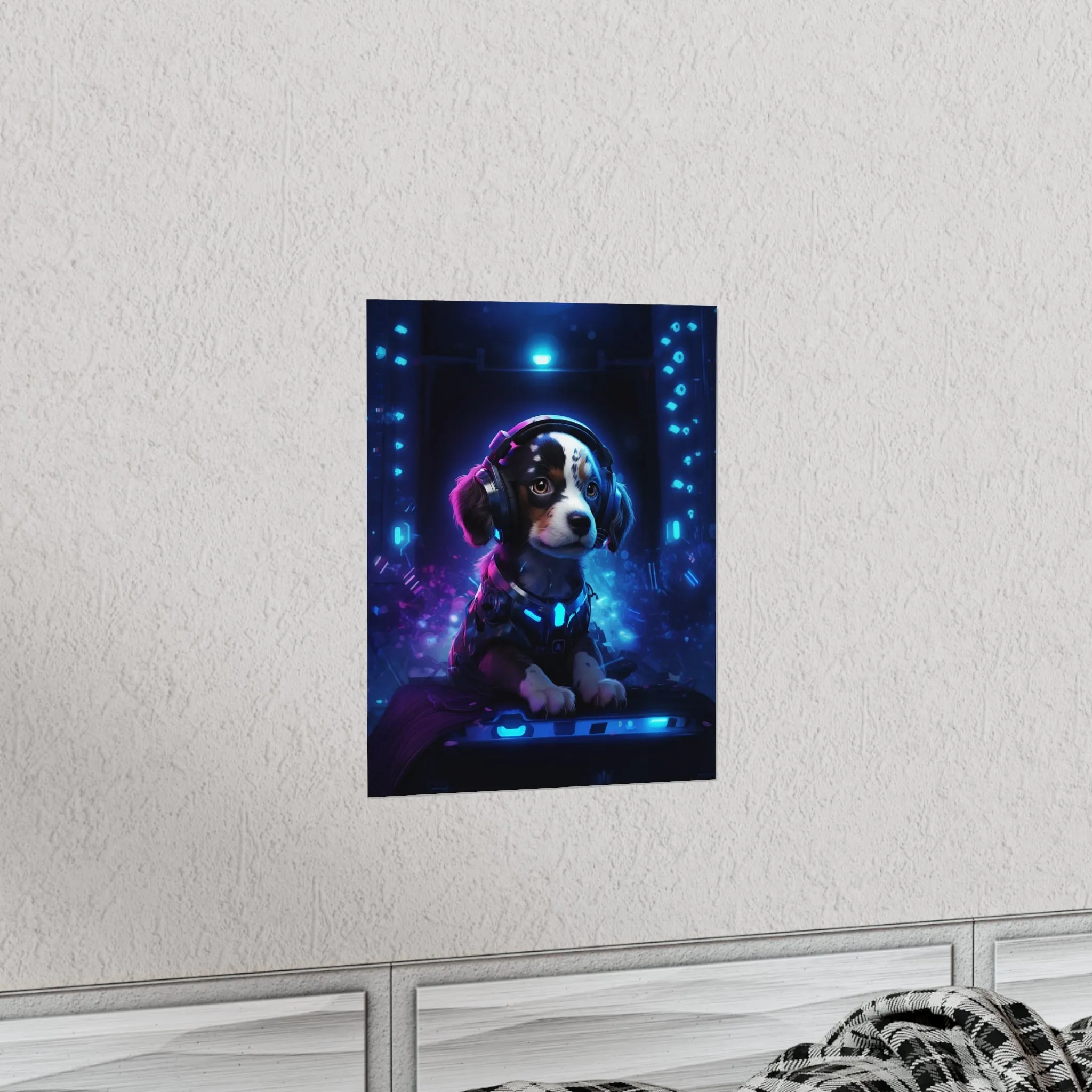 Cute Tech Savvy Puppy Poster, Futuristic Wall Art Print, CyberPunk Puppy Wall Print Unframed