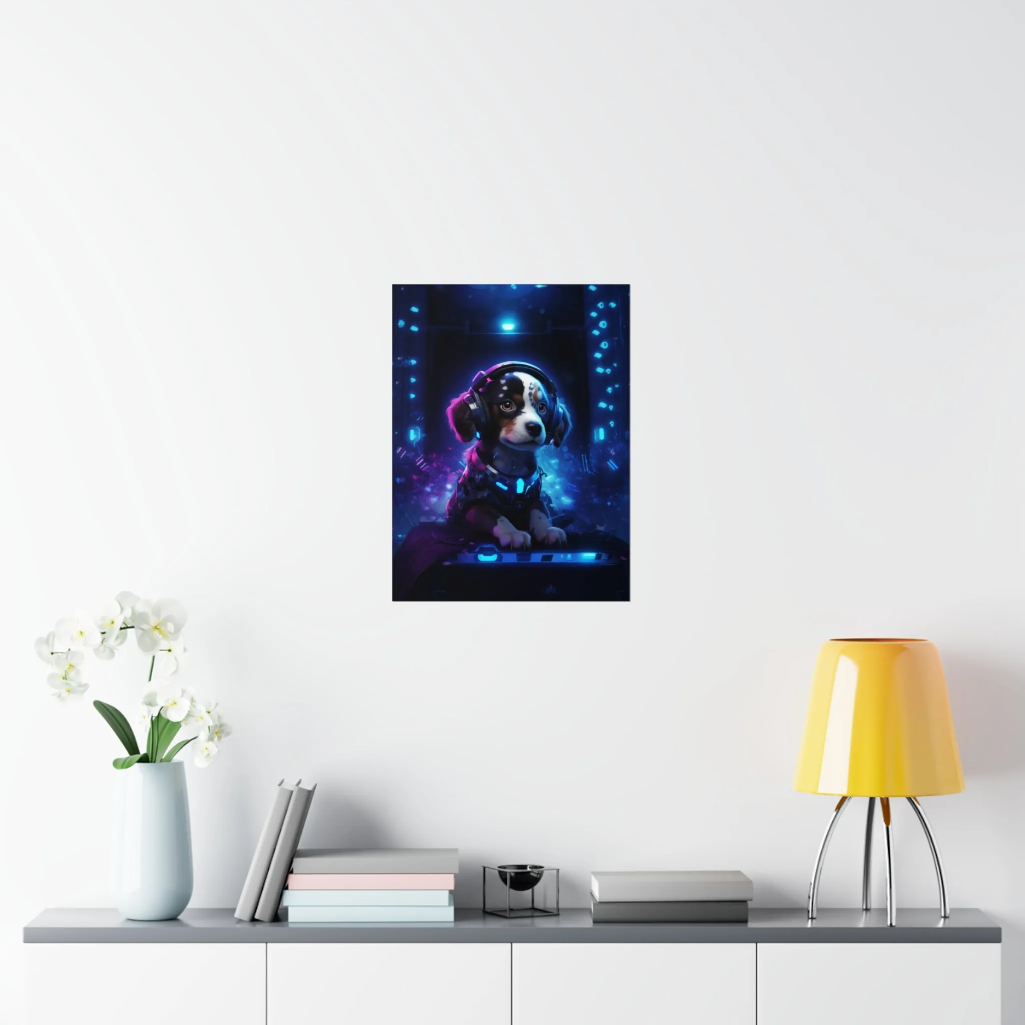 Cute Tech Savvy Puppy Poster, Futuristic Wall Art Print, CyberPunk Puppy Wall Print Unframed