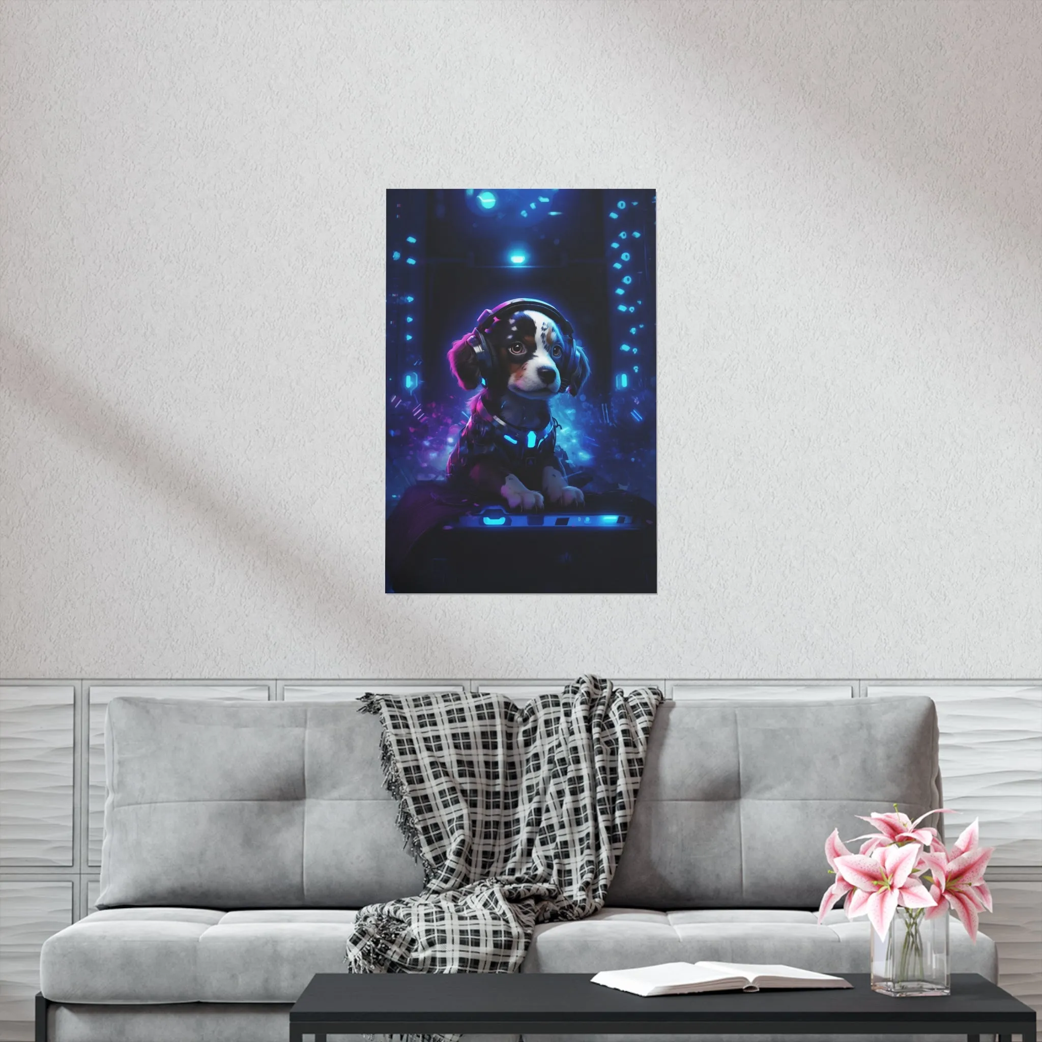 Cute Tech Savvy Puppy Poster, Futuristic Wall Art Print, CyberPunk Puppy Wall Print Unframed