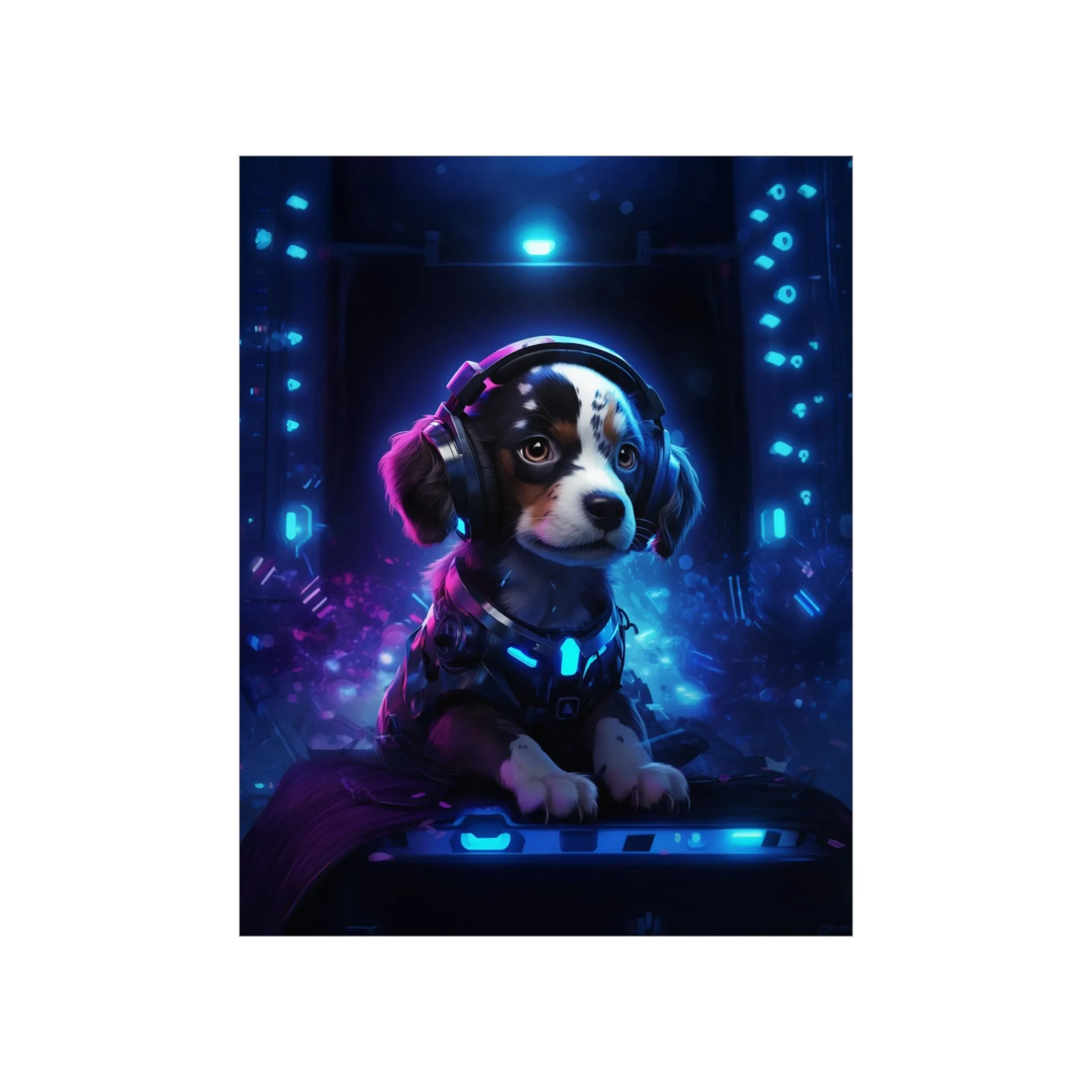 Cute Tech Savvy Puppy Poster, Futuristic Wall Art Print, CyberPunk Puppy Wall Print Unframed