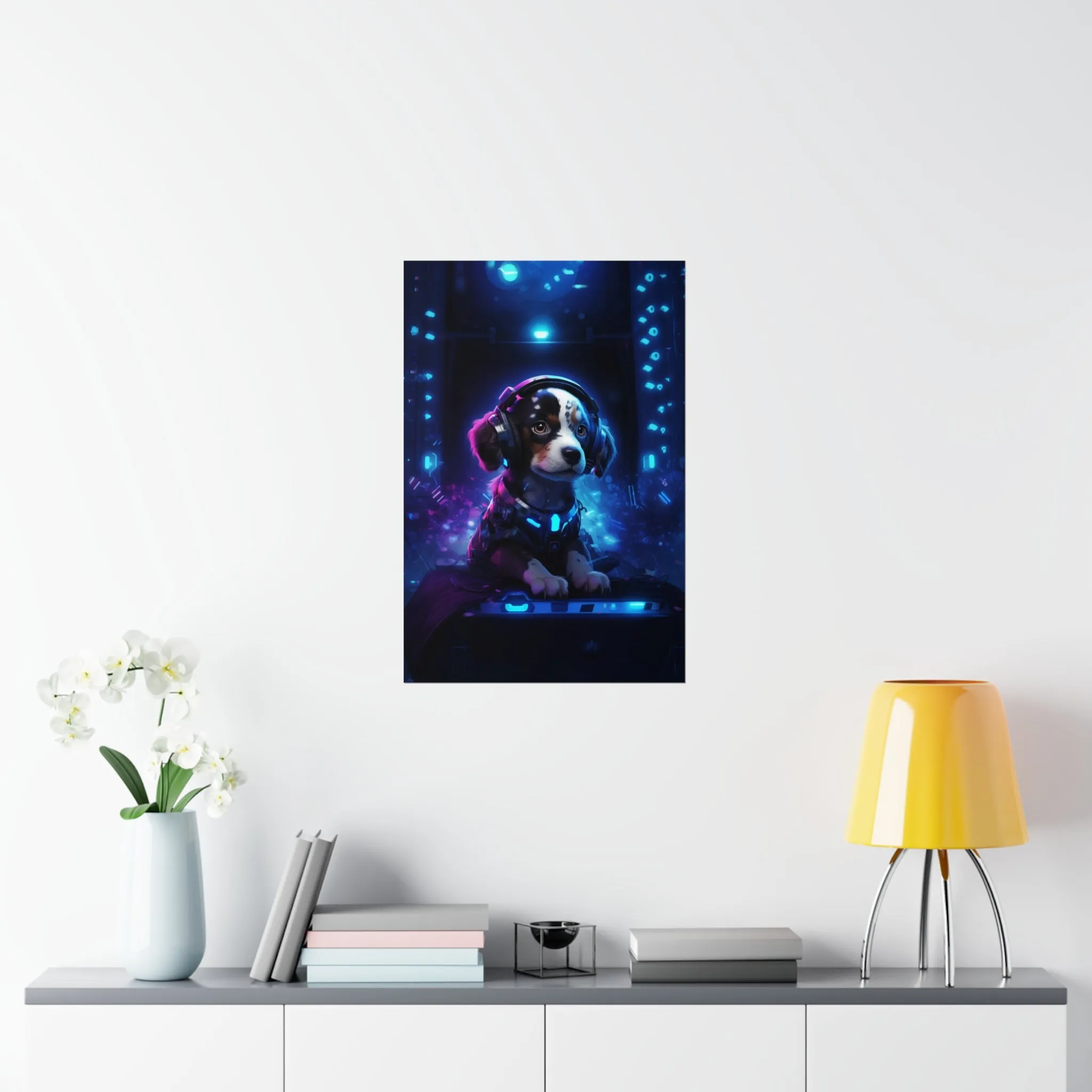 Cute Tech Savvy Puppy Poster, Futuristic Wall Art Print, CyberPunk Puppy Wall Print Unframed