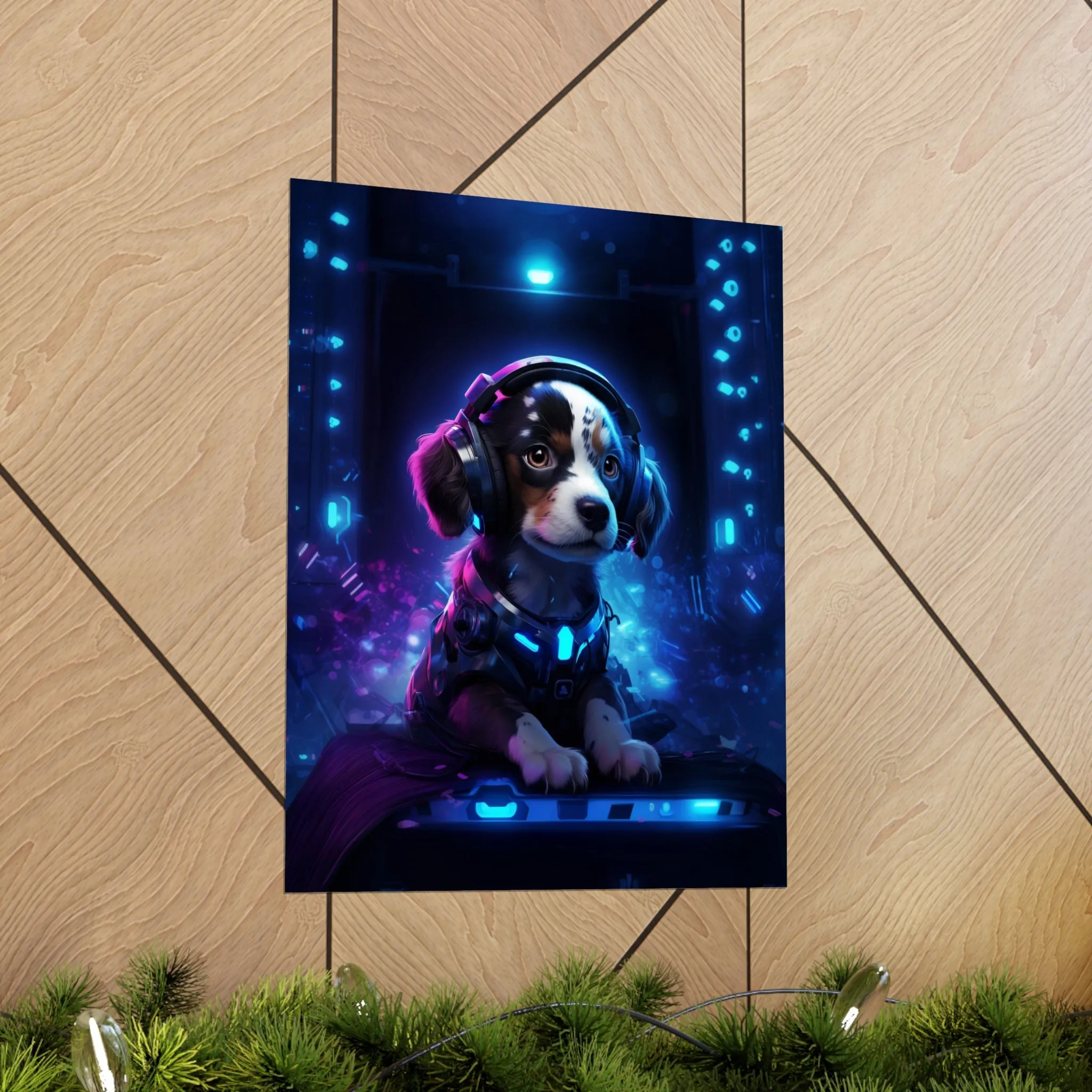 Cute Tech Savvy Puppy Poster, Futuristic Wall Art Print, CyberPunk Puppy Wall Print Unframed