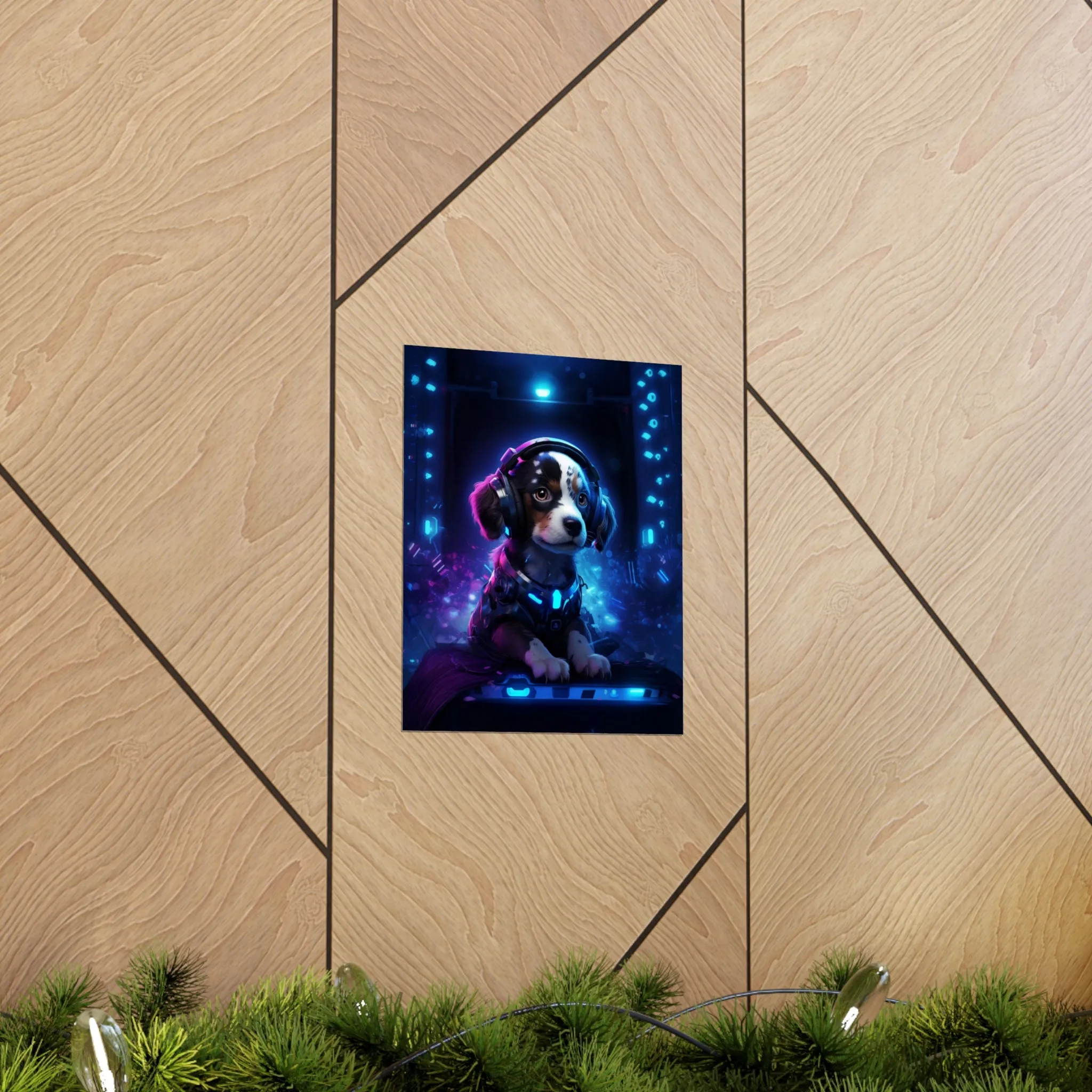 Cute Tech Savvy Puppy Poster, Futuristic Wall Art Print, CyberPunk Puppy Wall Print Unframed