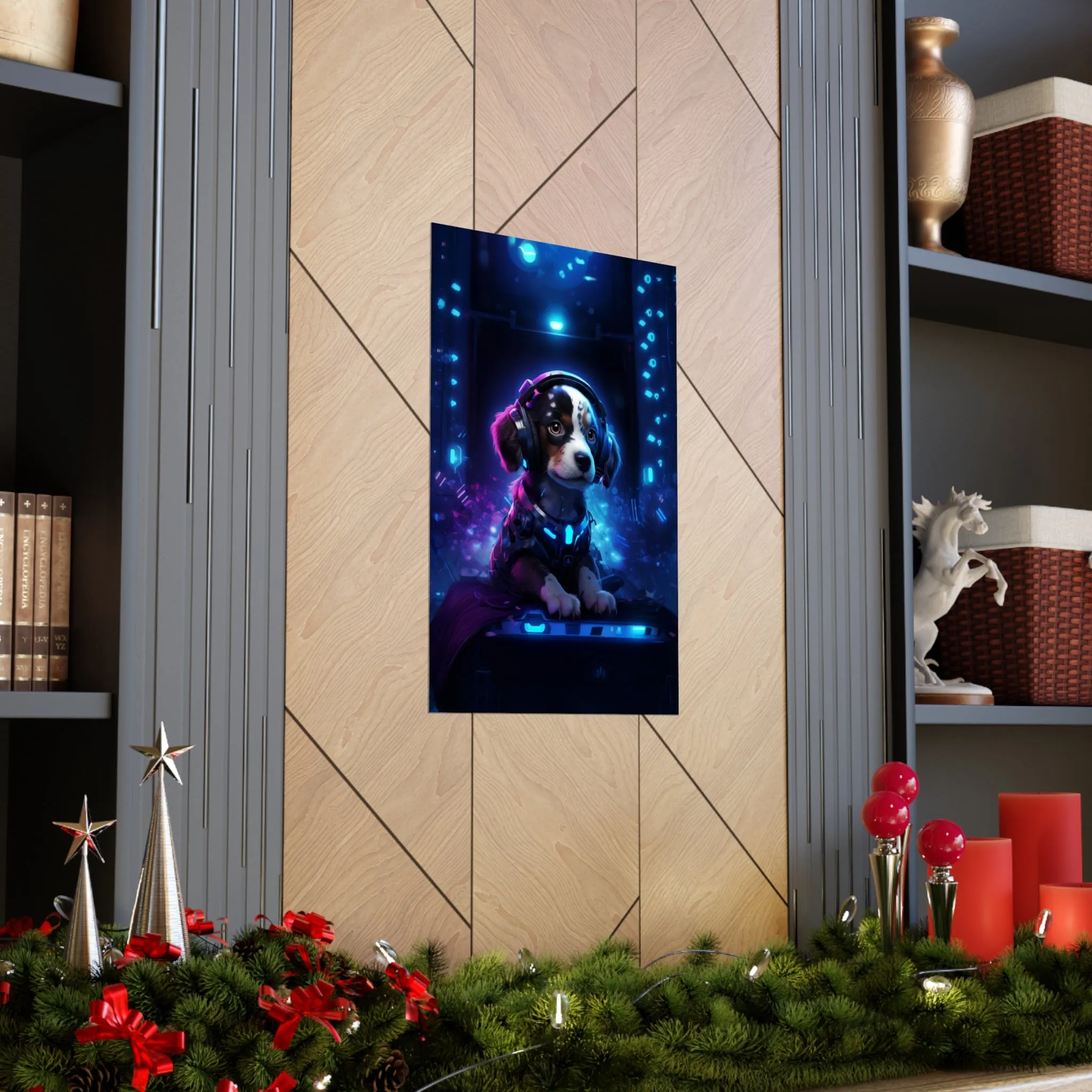 Cute Tech Savvy Puppy Poster, Futuristic Wall Art Print, CyberPunk Puppy Wall Print Unframed