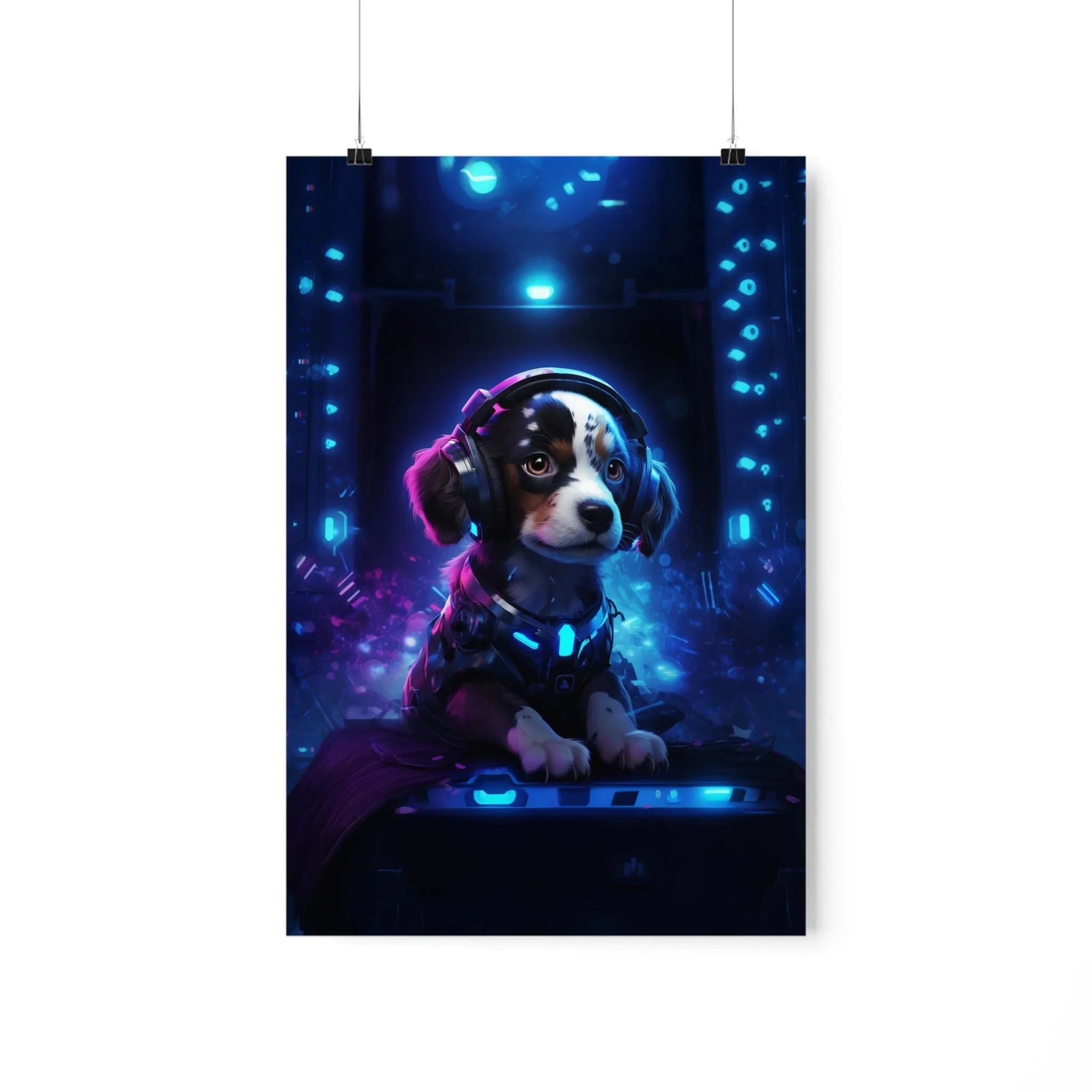 Cute Tech Savvy Puppy Poster, Futuristic Wall Art Print, CyberPunk Puppy Wall Print Unframed