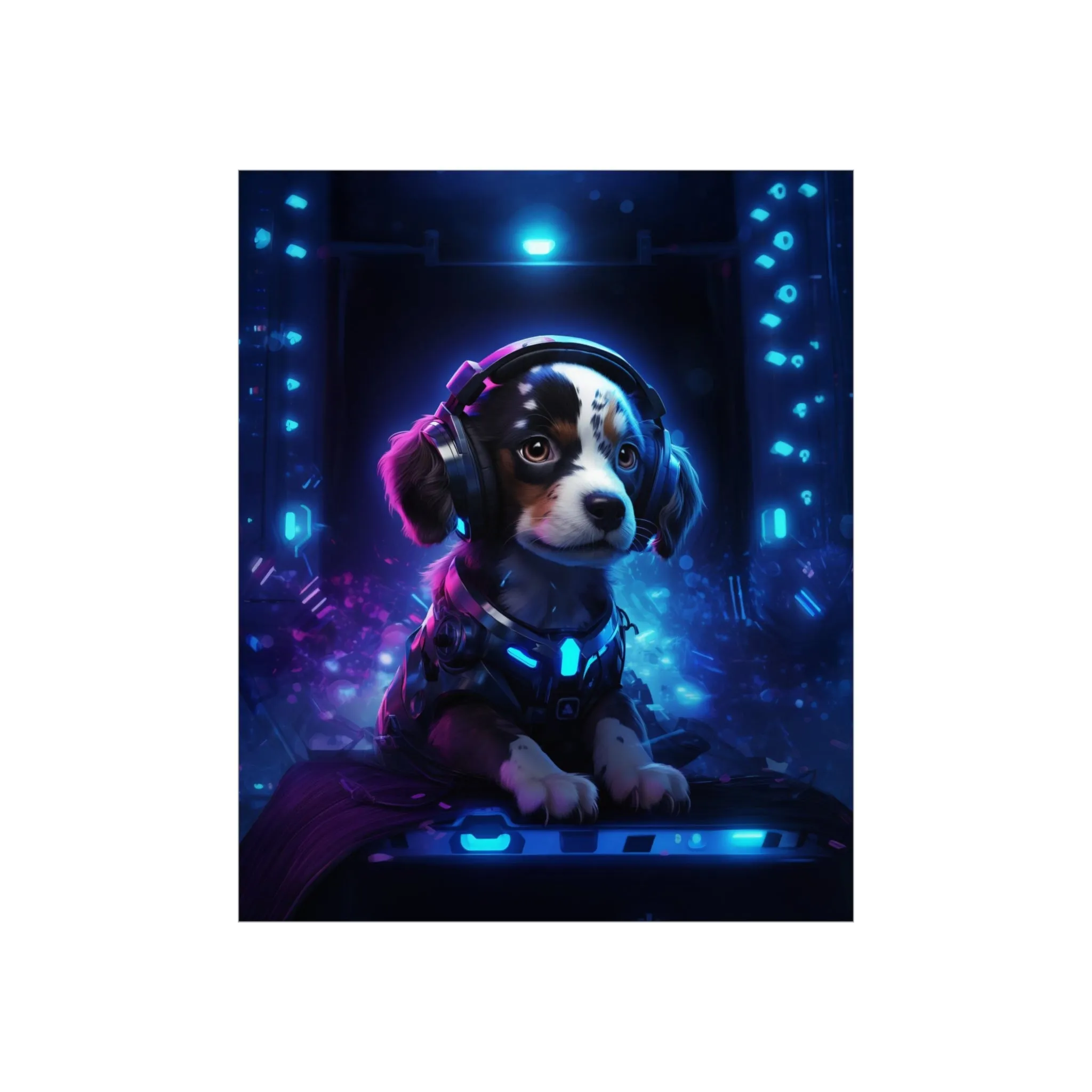Cute Tech Savvy Puppy Poster, Futuristic Wall Art Print, CyberPunk Puppy Wall Print Unframed