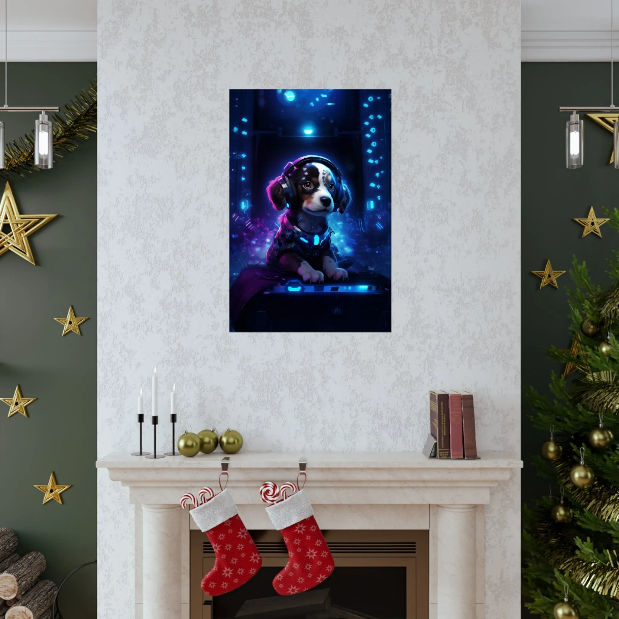 Cute Tech Savvy Puppy Poster, Futuristic Wall Art Print, CyberPunk Puppy Wall Print Unframed