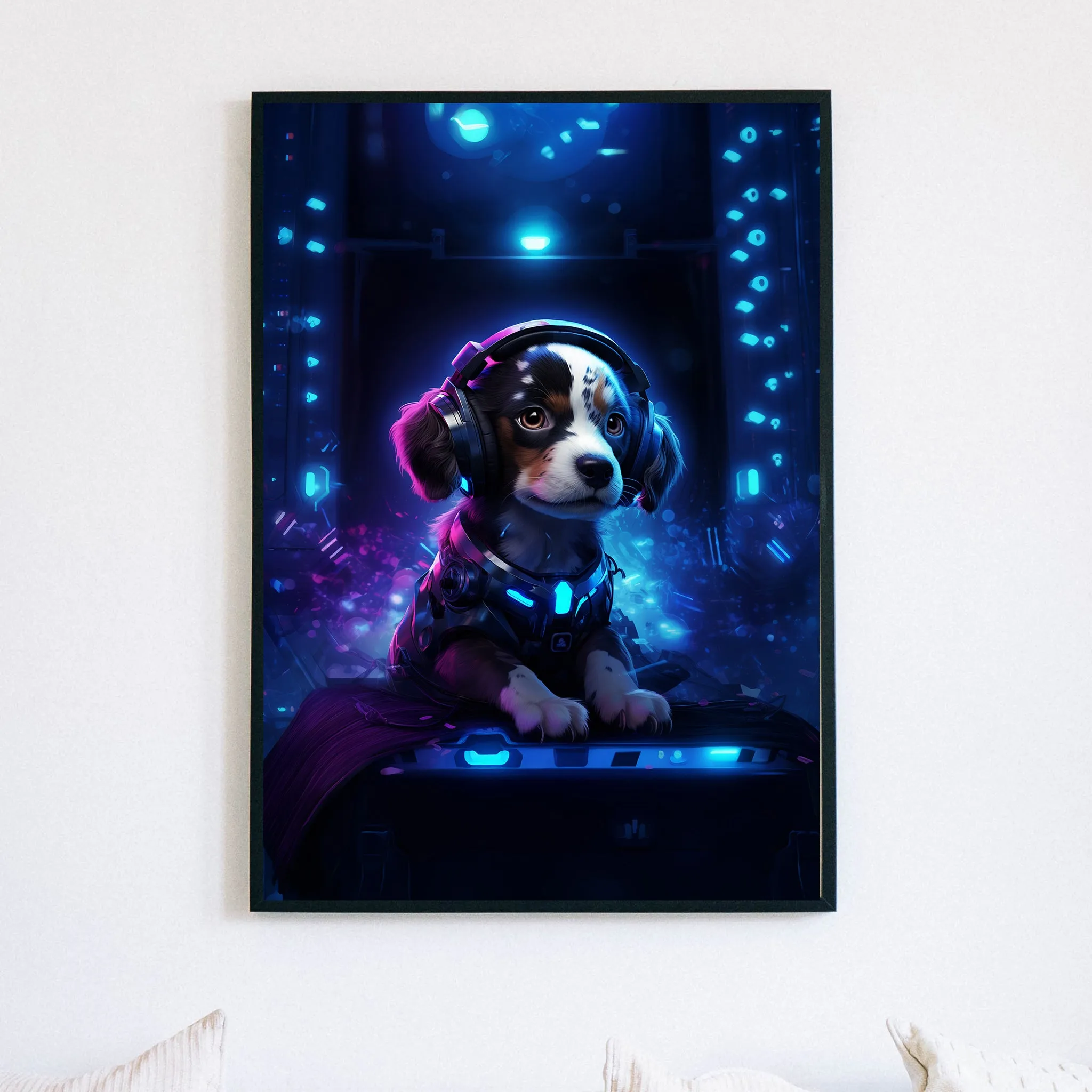 Cute Tech Savvy Puppy Poster, Futuristic Wall Art Print, CyberPunk Puppy Wall Print Unframed