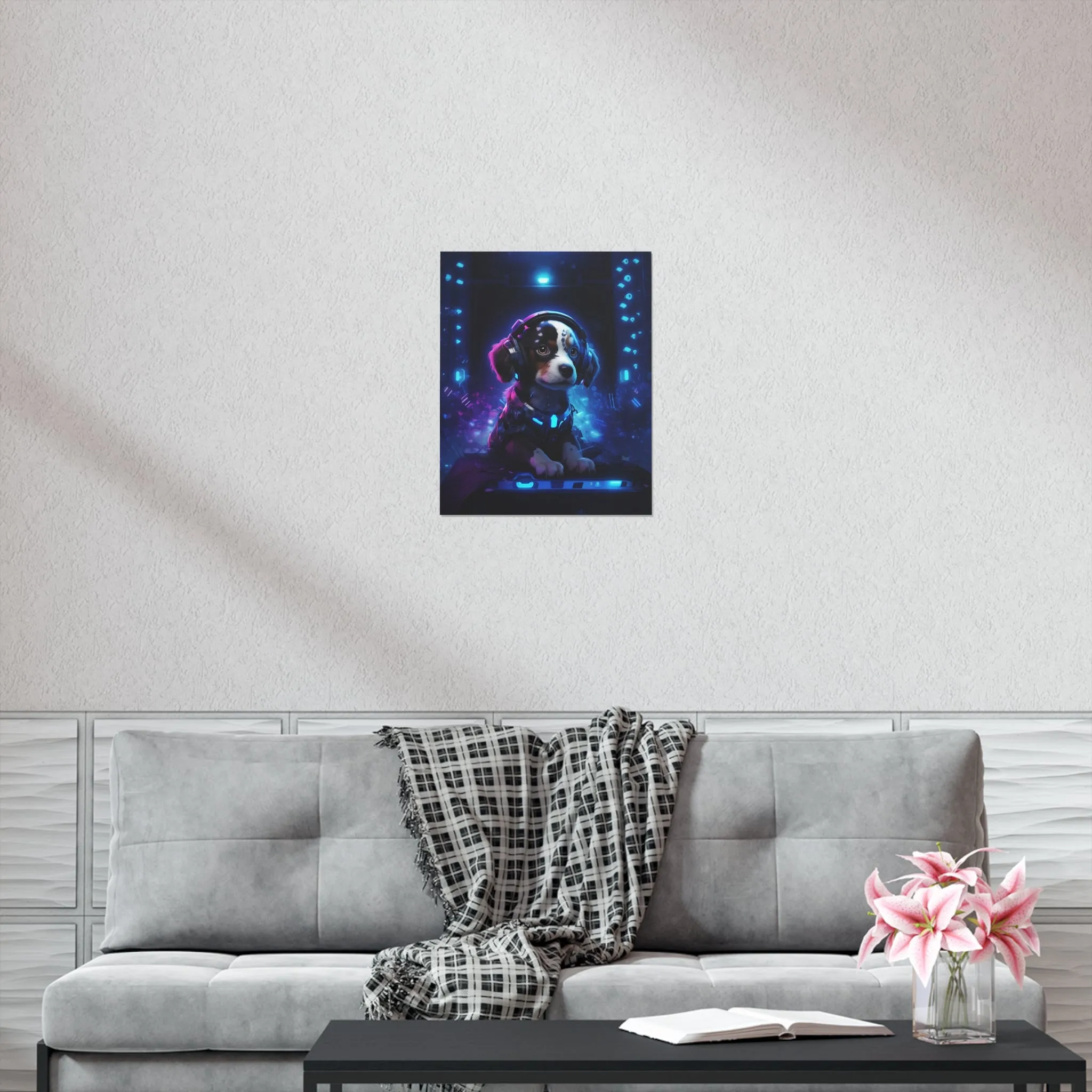 Cute Tech Savvy Puppy Poster, Futuristic Wall Art Print, CyberPunk Puppy Wall Print Unframed