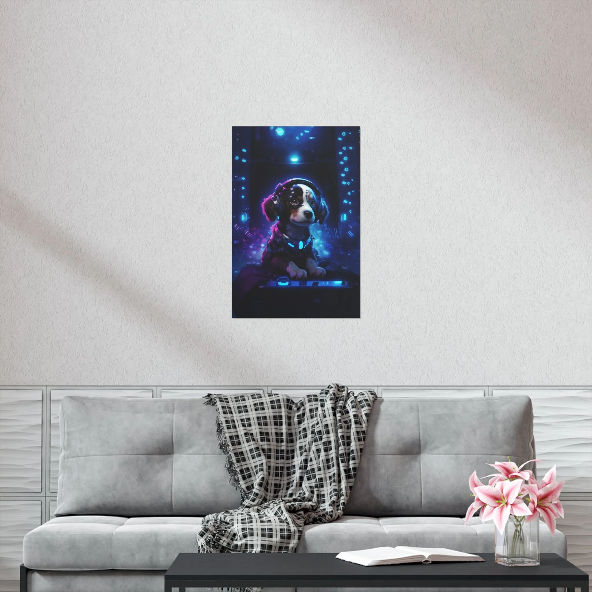 Cute Tech Savvy Puppy Poster, Futuristic Wall Art Print, CyberPunk Puppy Wall Print Unframed
