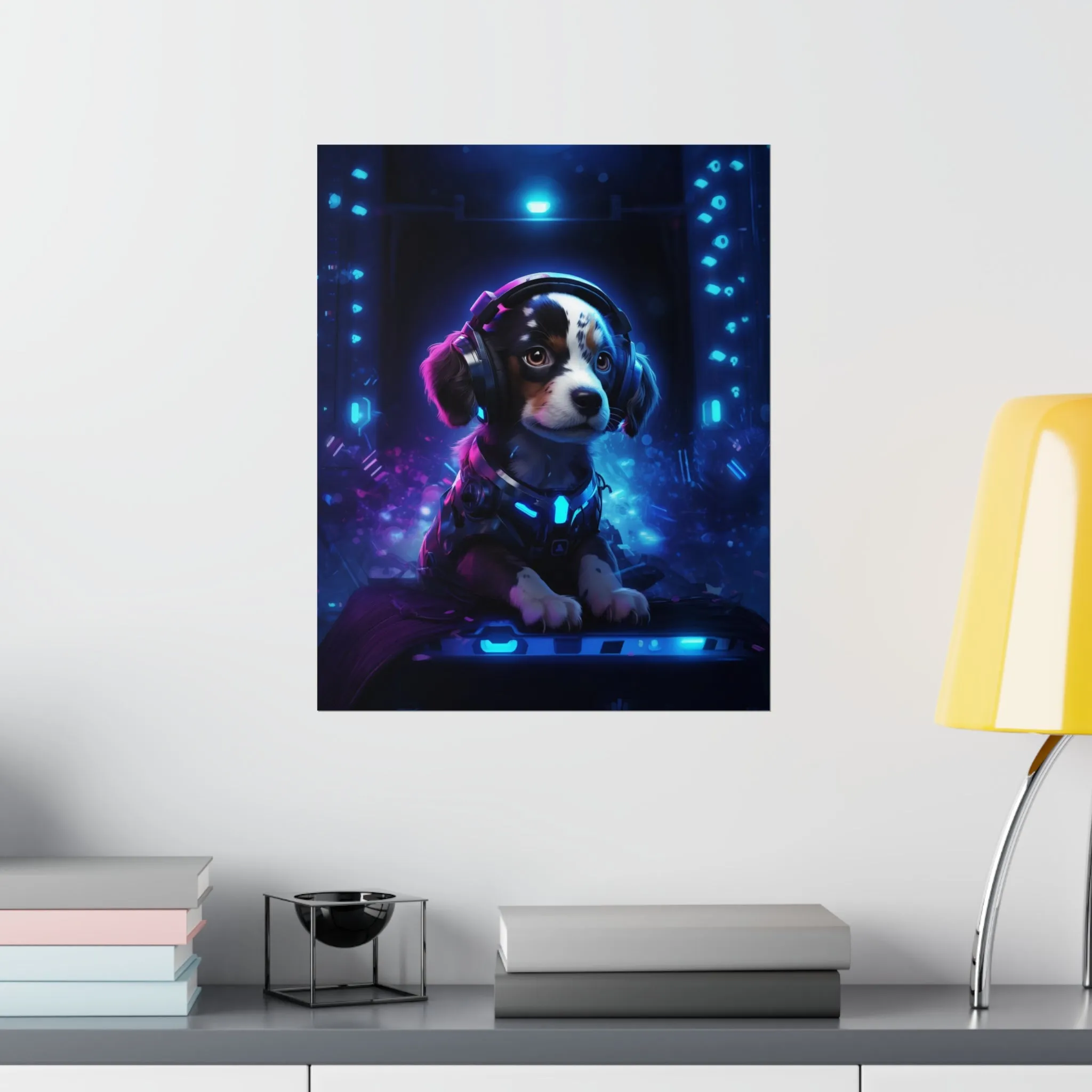 Cute Tech Savvy Puppy Poster, Futuristic Wall Art Print, CyberPunk Puppy Wall Print Unframed