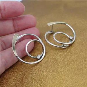 CZ Hoop Stud Earrings 9k Yellow Gold 925 Silver Handmade Hadar Designers  (ms) Y