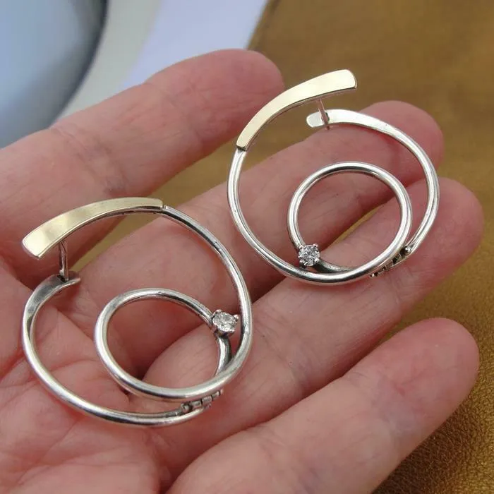 CZ Hoop Stud Earrings 9k Yellow Gold 925 Silver Handmade Hadar Designers  (ms) Y