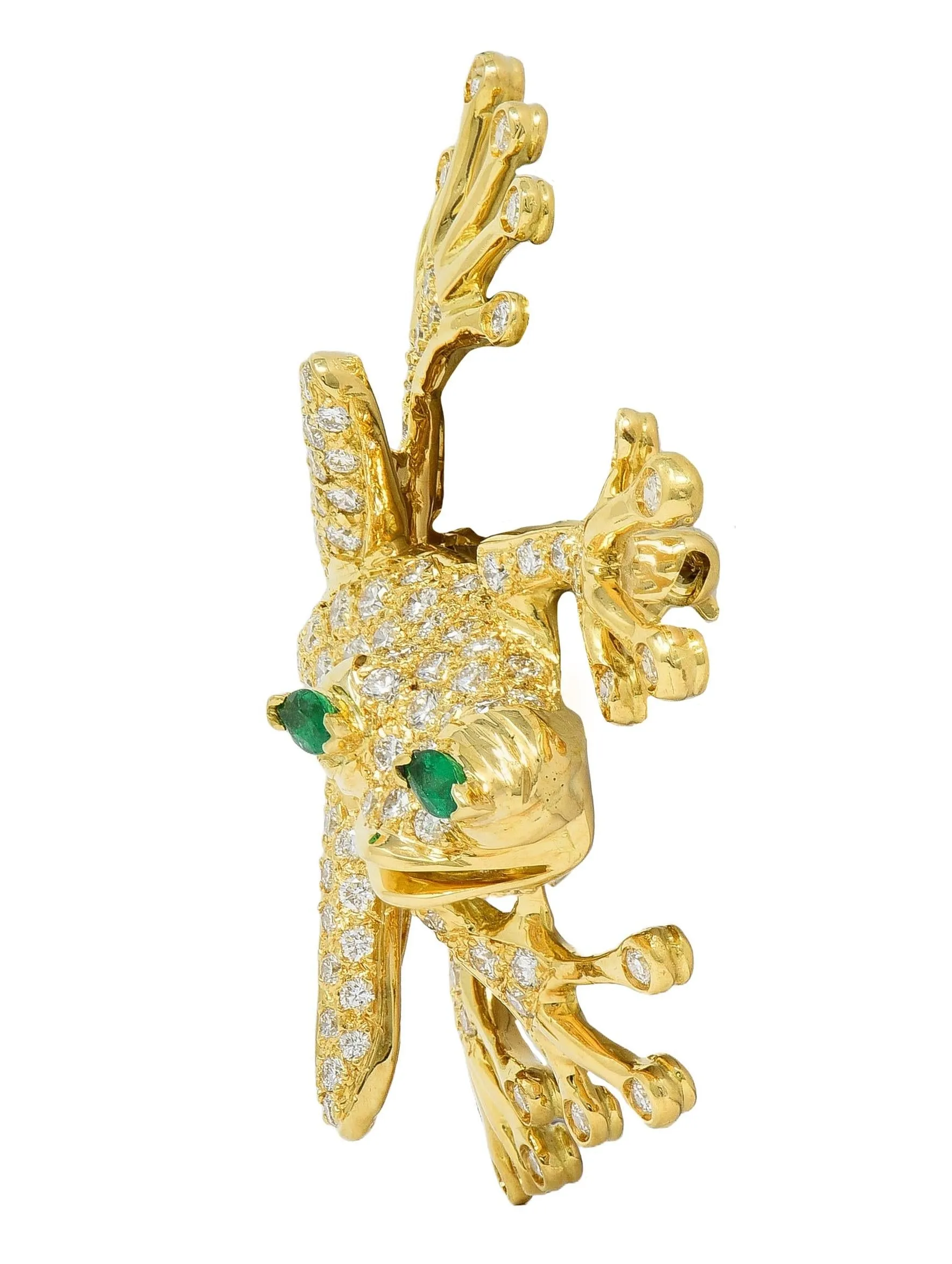 Danker 1980's 3.80 CTW Diamond Emerald 18 Karat Yellow Gold Vintage Frog Brooch