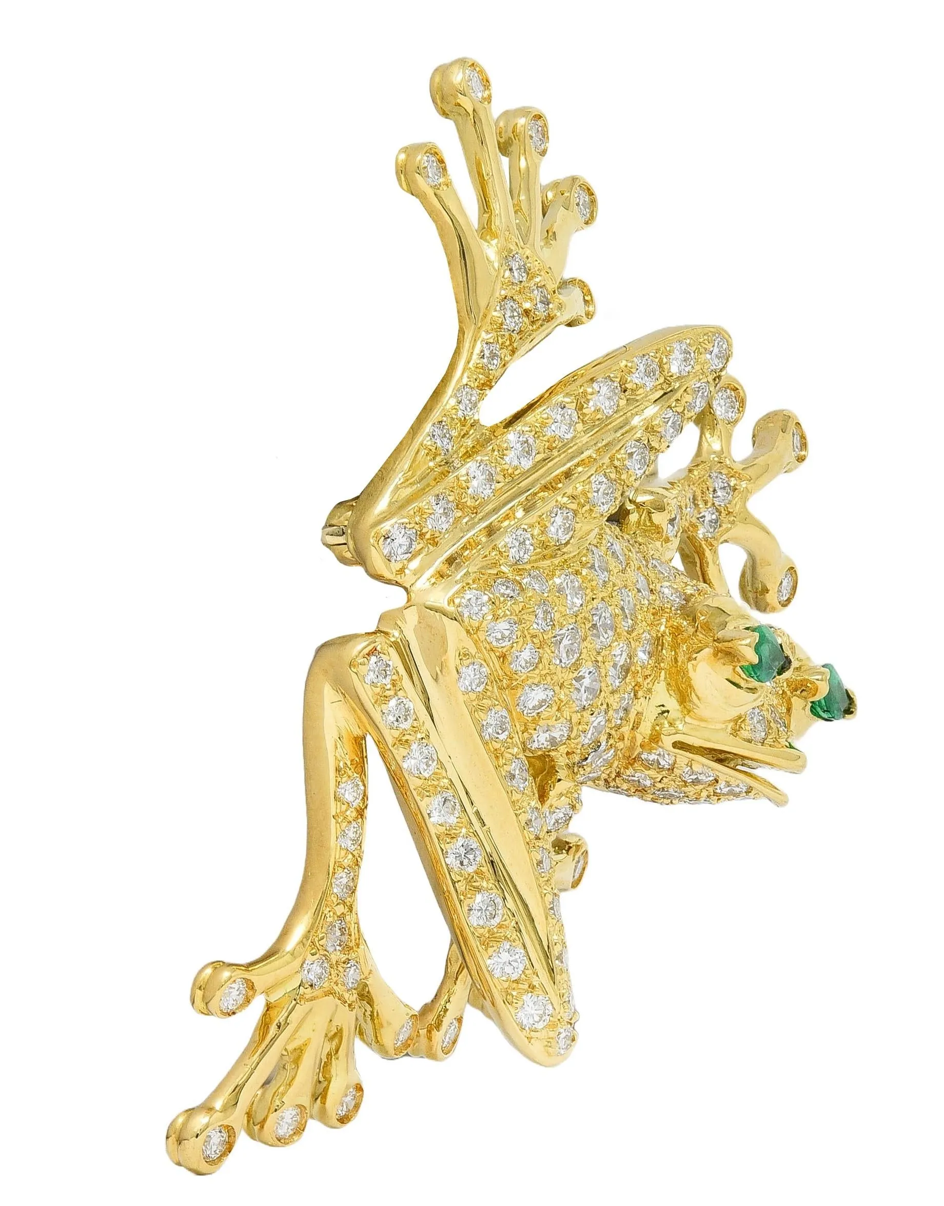 Danker 1980's 3.80 CTW Diamond Emerald 18 Karat Yellow Gold Vintage Frog Brooch