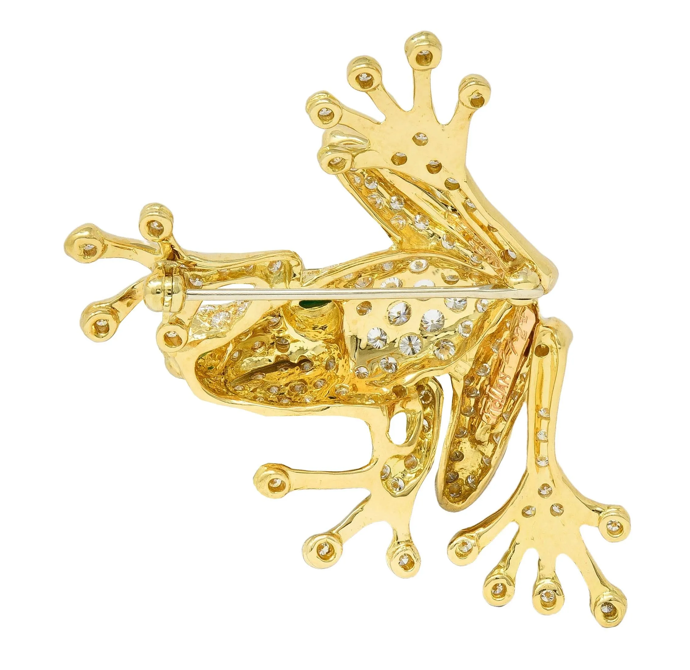 Danker 1980's 3.80 CTW Diamond Emerald 18 Karat Yellow Gold Vintage Frog Brooch