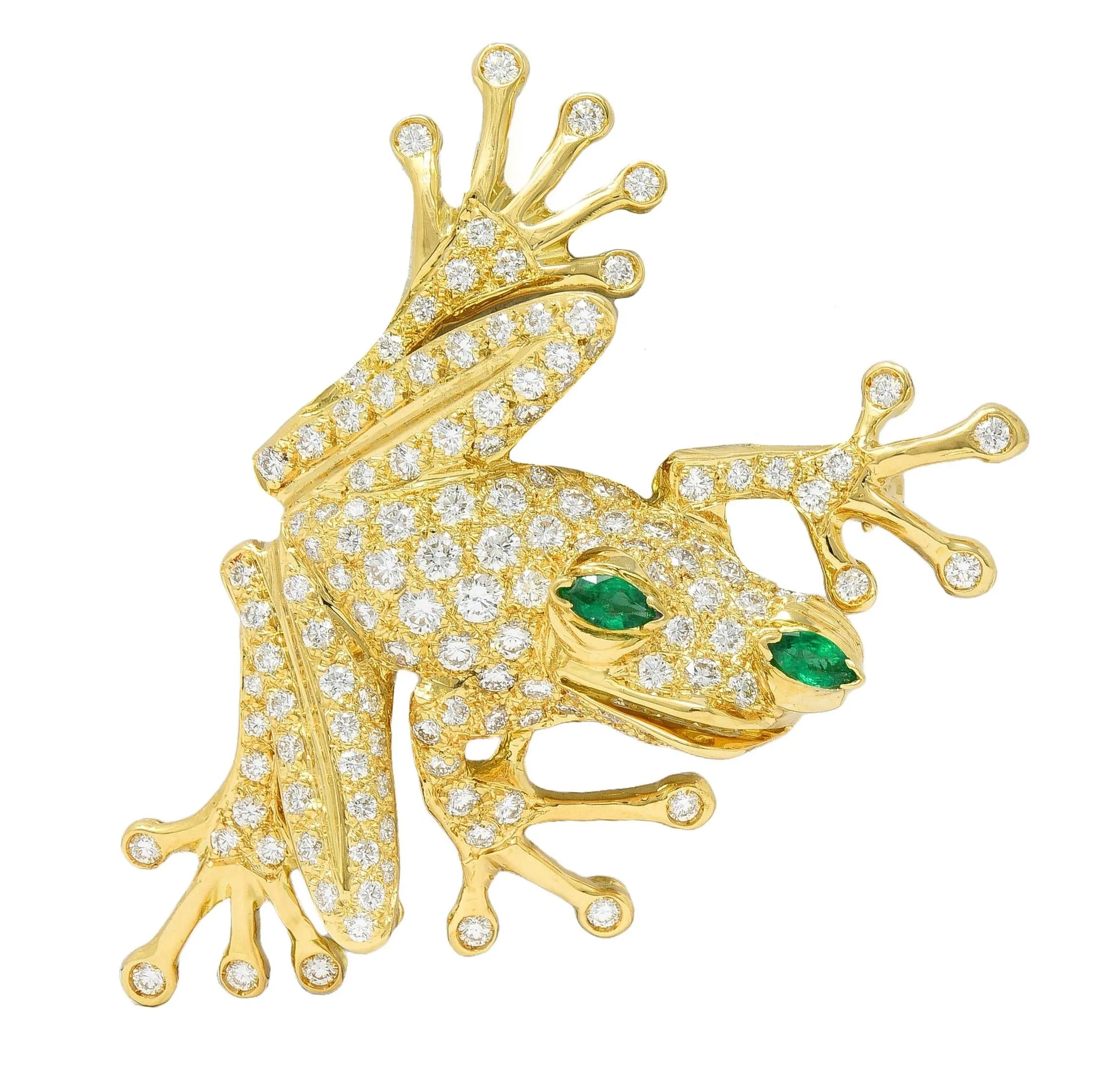 Danker 1980's 3.80 CTW Diamond Emerald 18 Karat Yellow Gold Vintage Frog Brooch