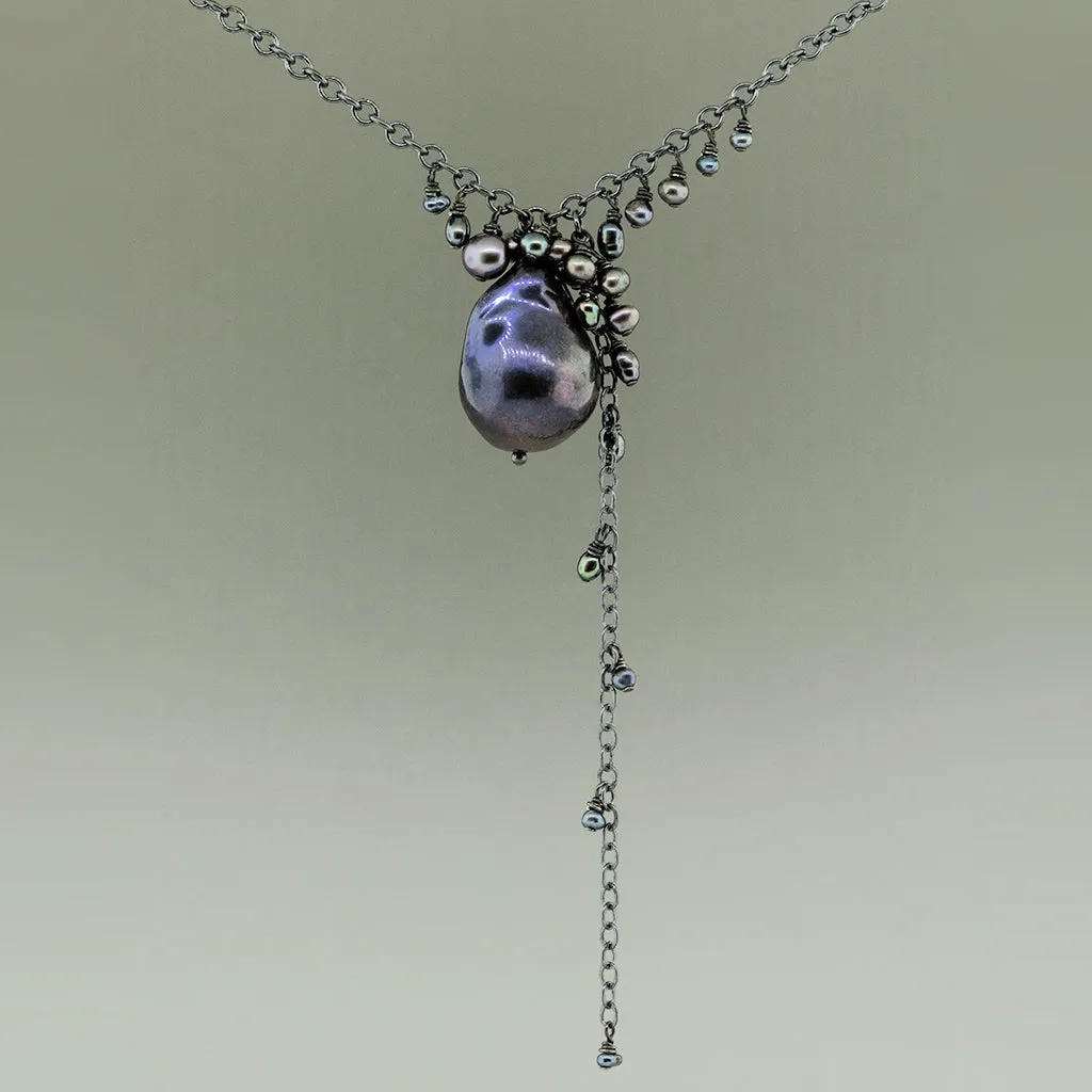 Dark Grey-blue Baroque Pearl, Cascade Necklace