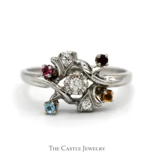 Diamond & Multi Gemstone Cluster Ring in 14k White Gold