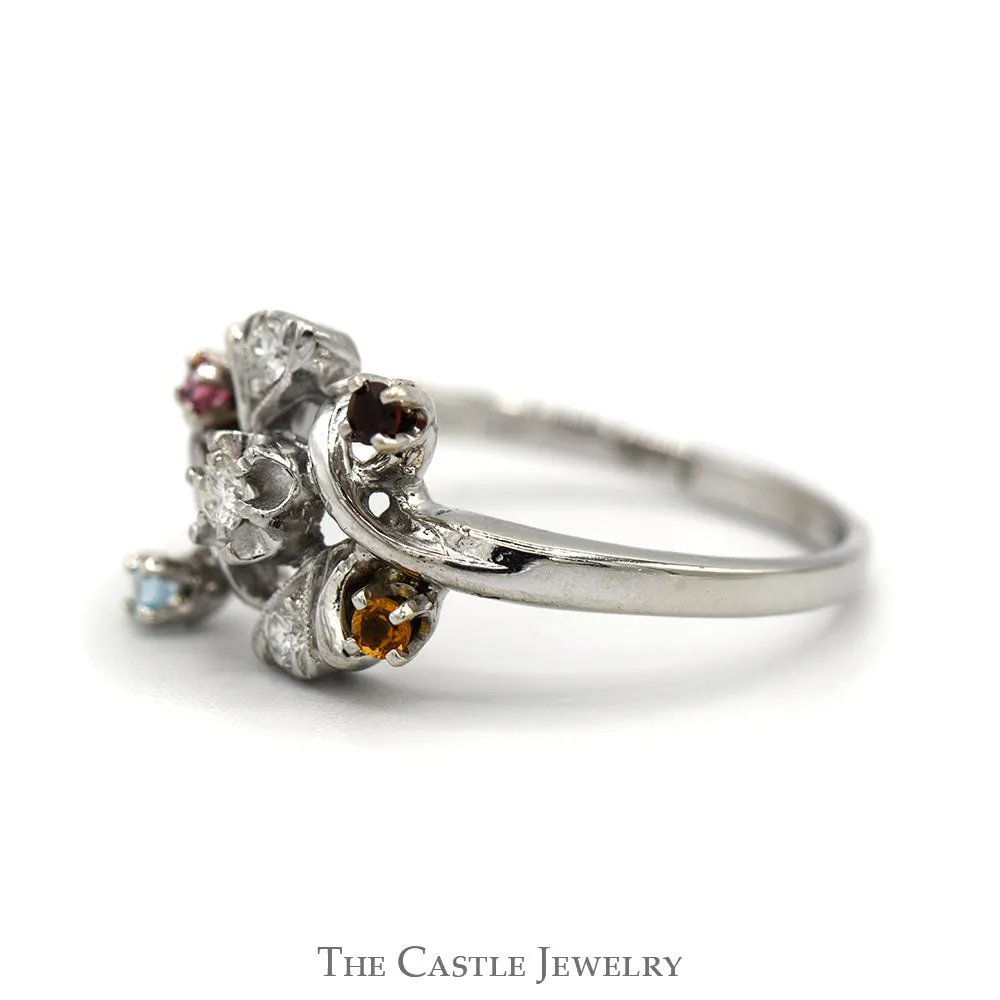 Diamond & Multi Gemstone Cluster Ring in 14k White Gold