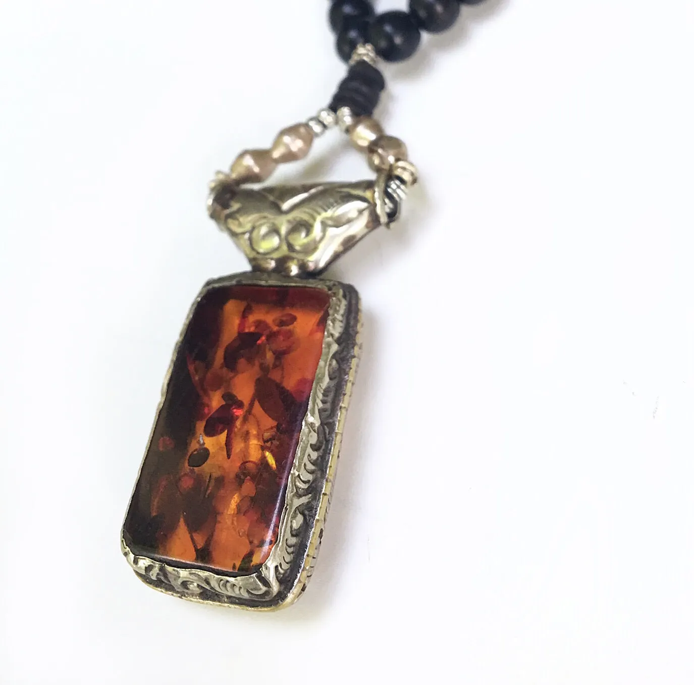 Ebony Beaded Real Amber Boho Necklace