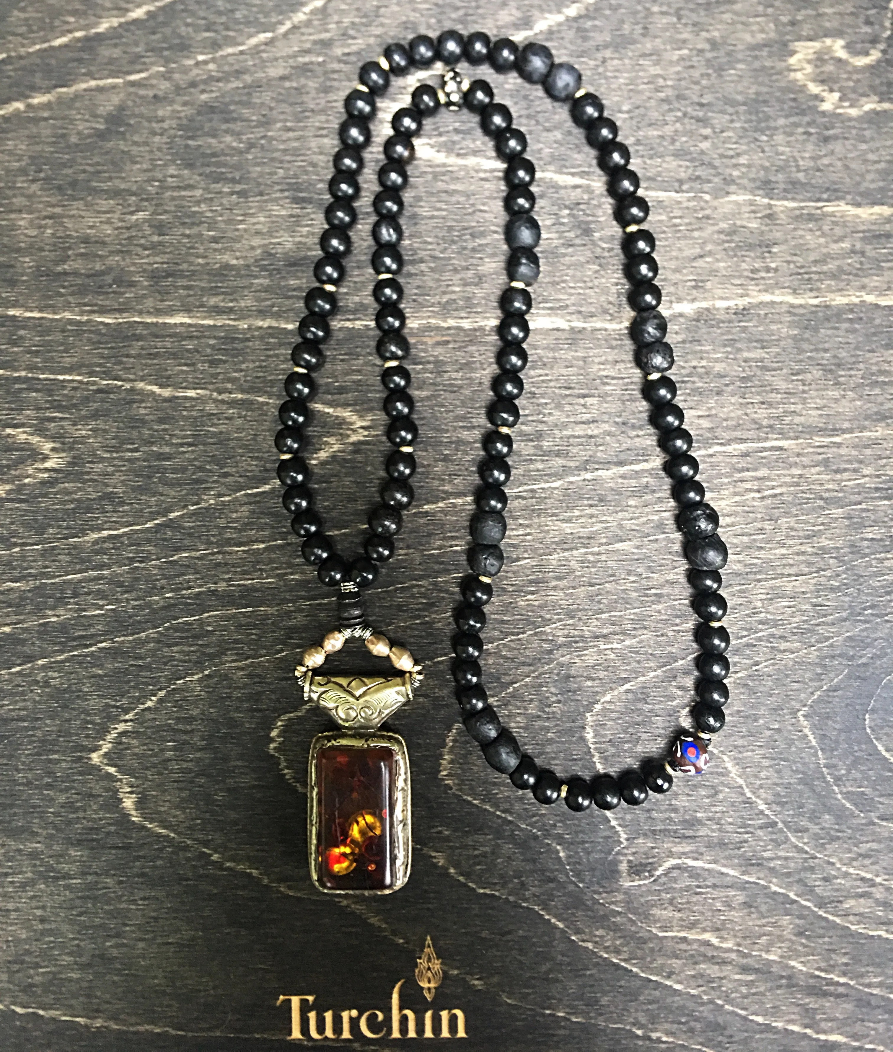 Ebony Beaded Real Amber Boho Necklace