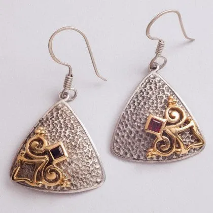 Elegant, triangular dangle earrings with garnet and gold plated detailing