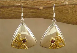 Elegant, triangular dangle earrings with garnet and gold plated detailing