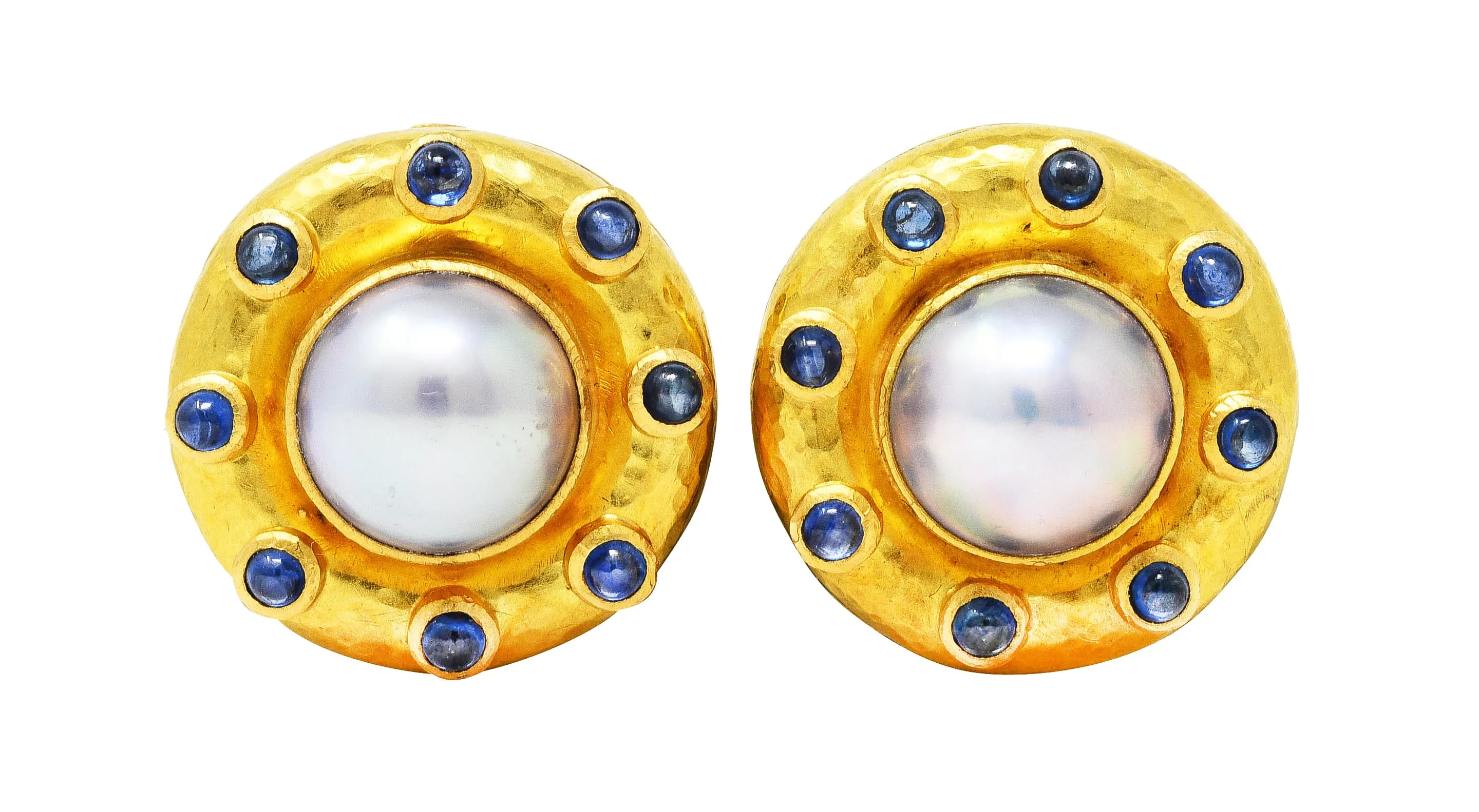 Elizabeth Locke Sapphire Cabochon Mabe Pearl 18 Karat Yellow Gold Earrings