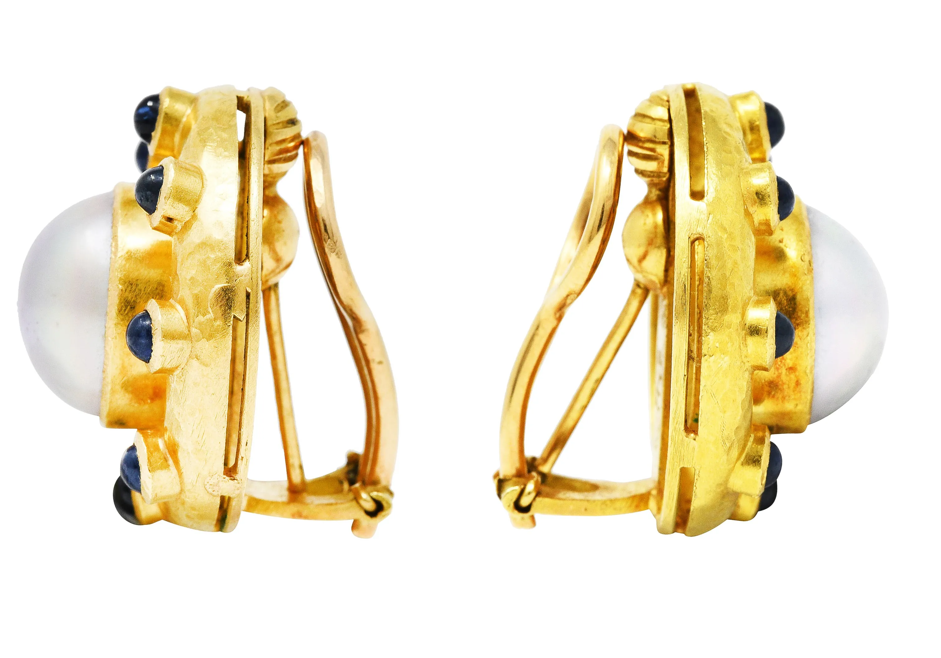 Elizabeth Locke Sapphire Cabochon Mabe Pearl 18 Karat Yellow Gold Earrings