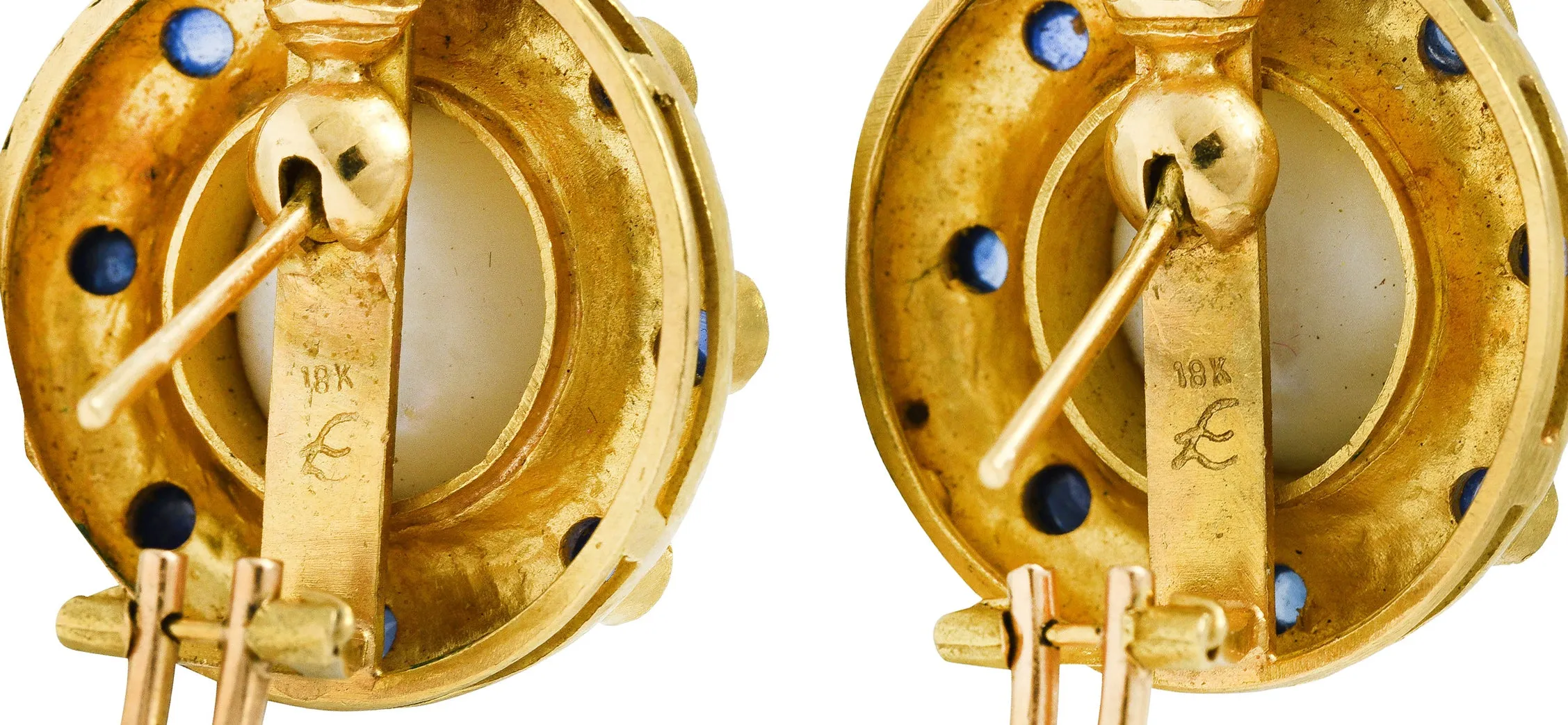 Elizabeth Locke Sapphire Cabochon Mabe Pearl 18 Karat Yellow Gold Earrings