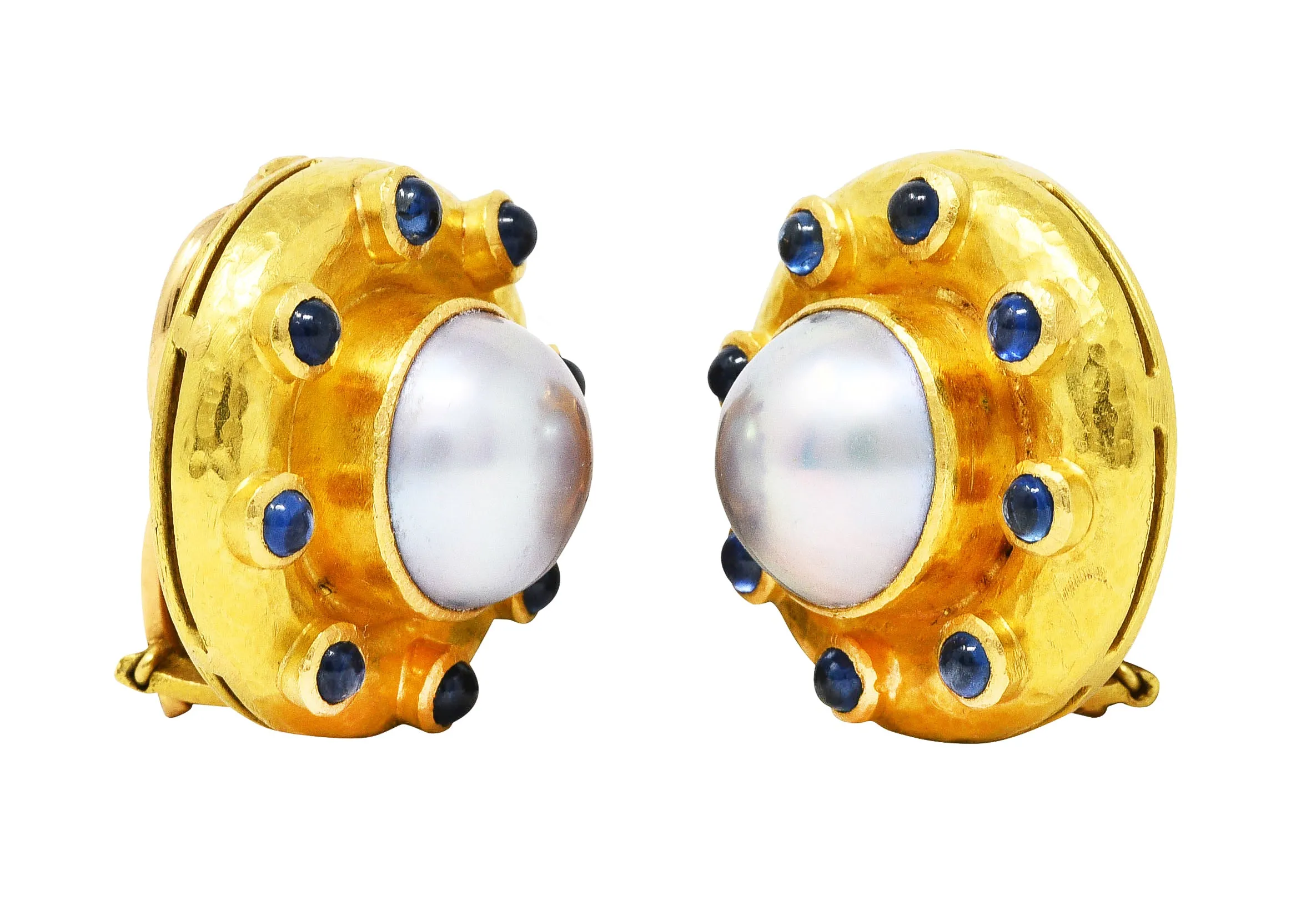 Elizabeth Locke Sapphire Cabochon Mabe Pearl 18 Karat Yellow Gold Earrings