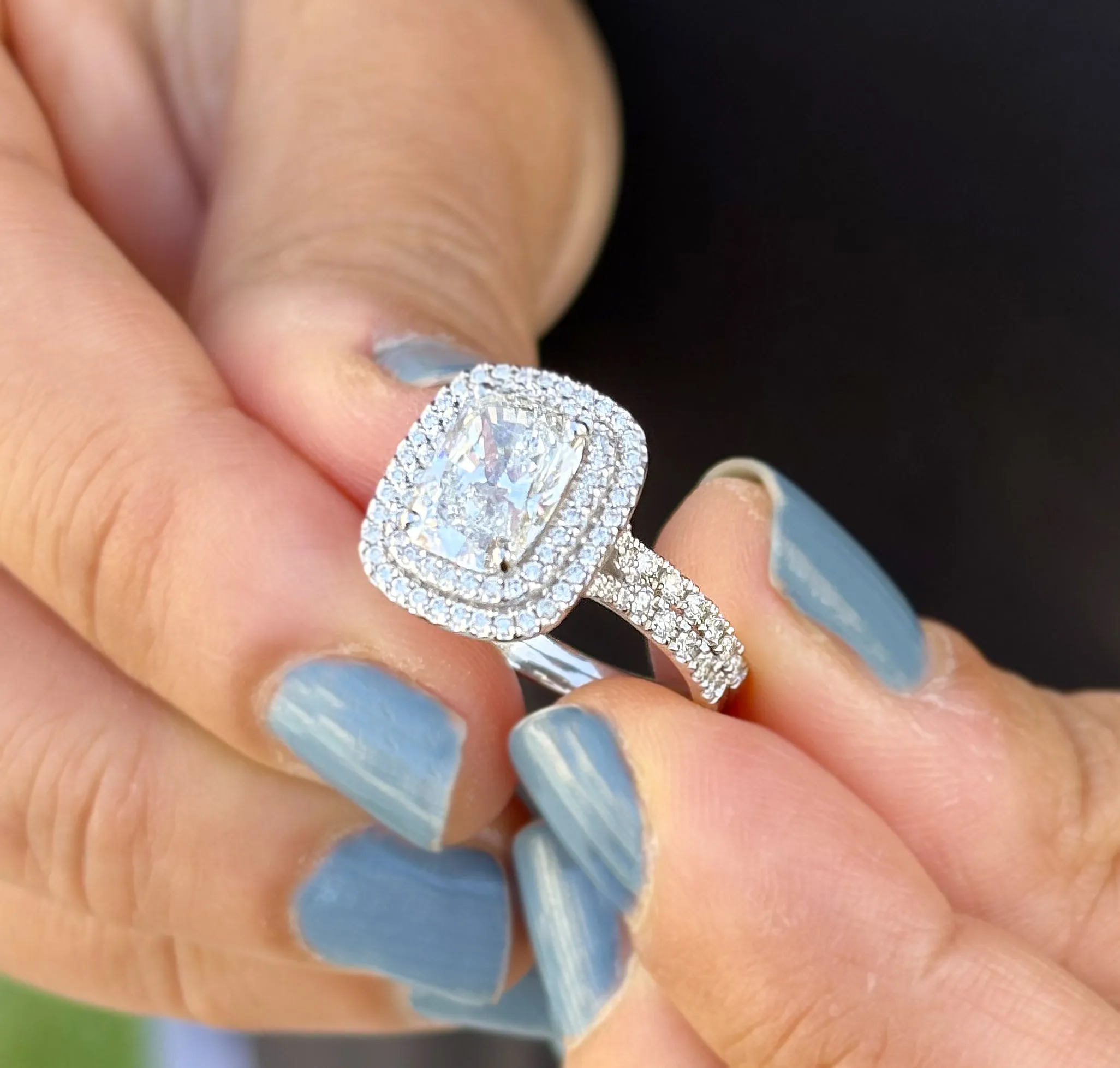 Elongated Cushion Cut And Round Cut Moissanite Engagement Ring And Matching Band 14k Solid White Gold Double Halo Bridal Set 2.70ctw