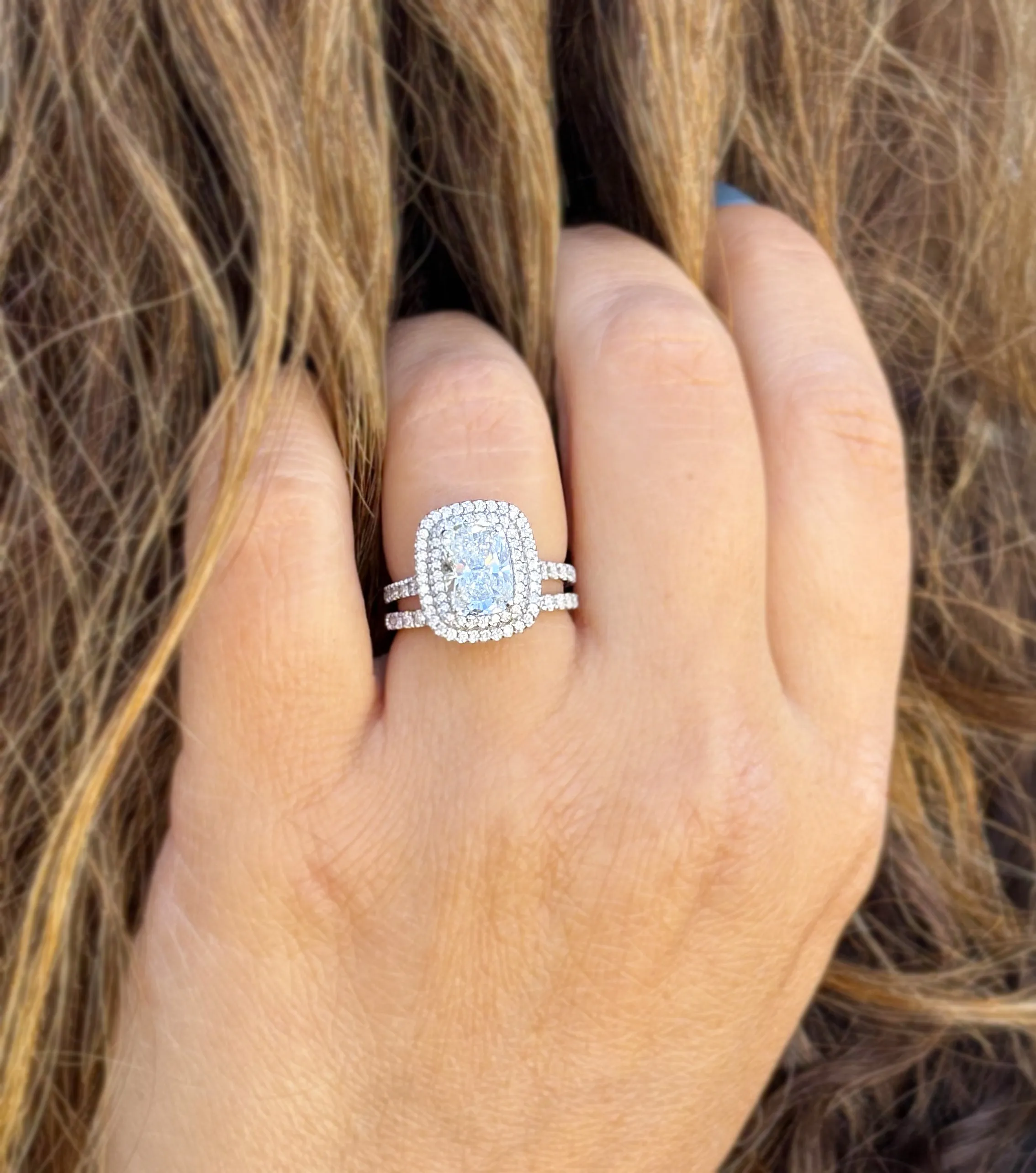 Elongated Cushion Cut And Round Cut Moissanite Engagement Ring And Matching Band 14k Solid White Gold Double Halo Bridal Set 2.70ctw