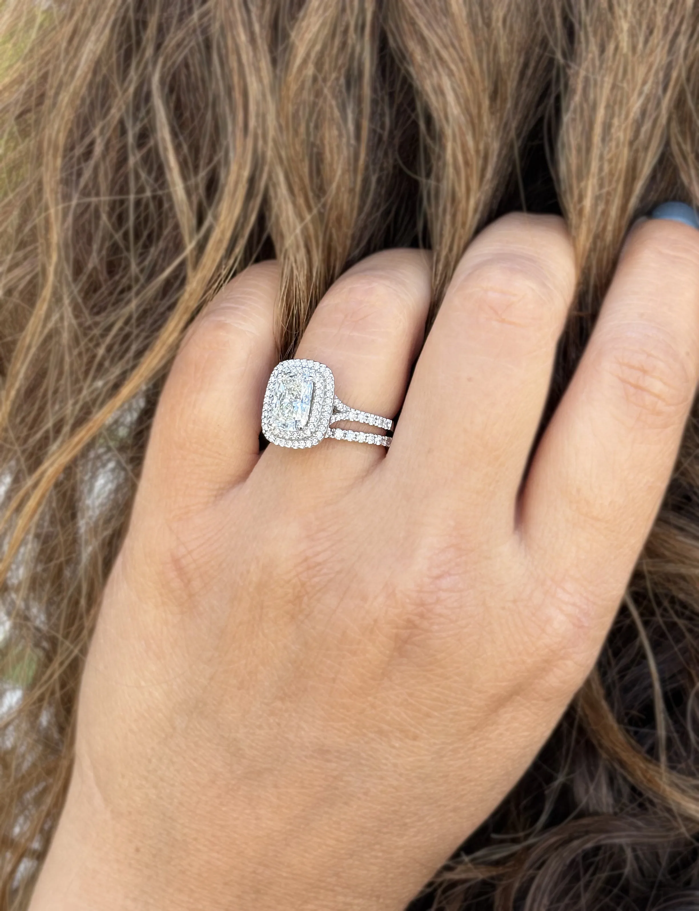 Elongated Cushion Cut And Round Cut Moissanite Engagement Ring And Matching Band 14k Solid White Gold Double Halo Bridal Set 2.70ctw