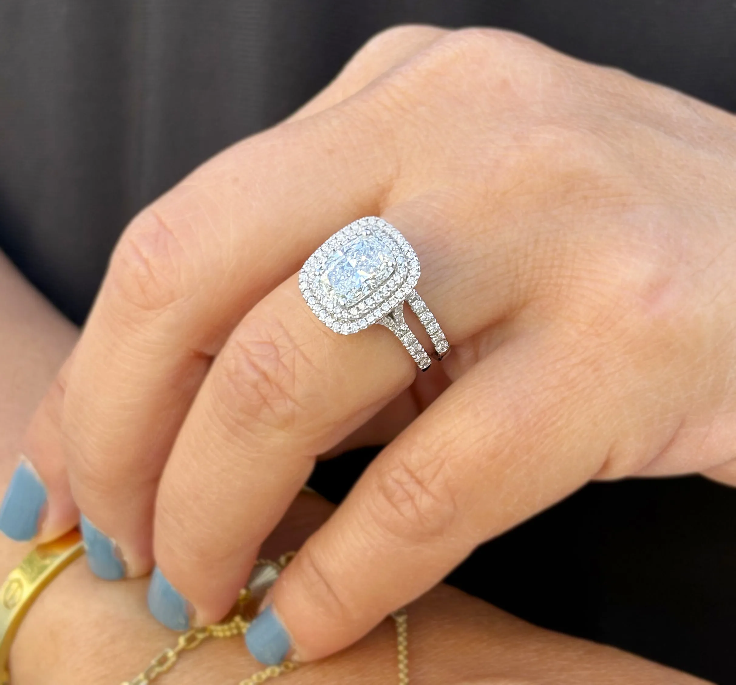 Elongated Cushion Cut And Round Cut Moissanite Engagement Ring And Matching Band 14k Solid White Gold Double Halo Bridal Set 2.70ctw