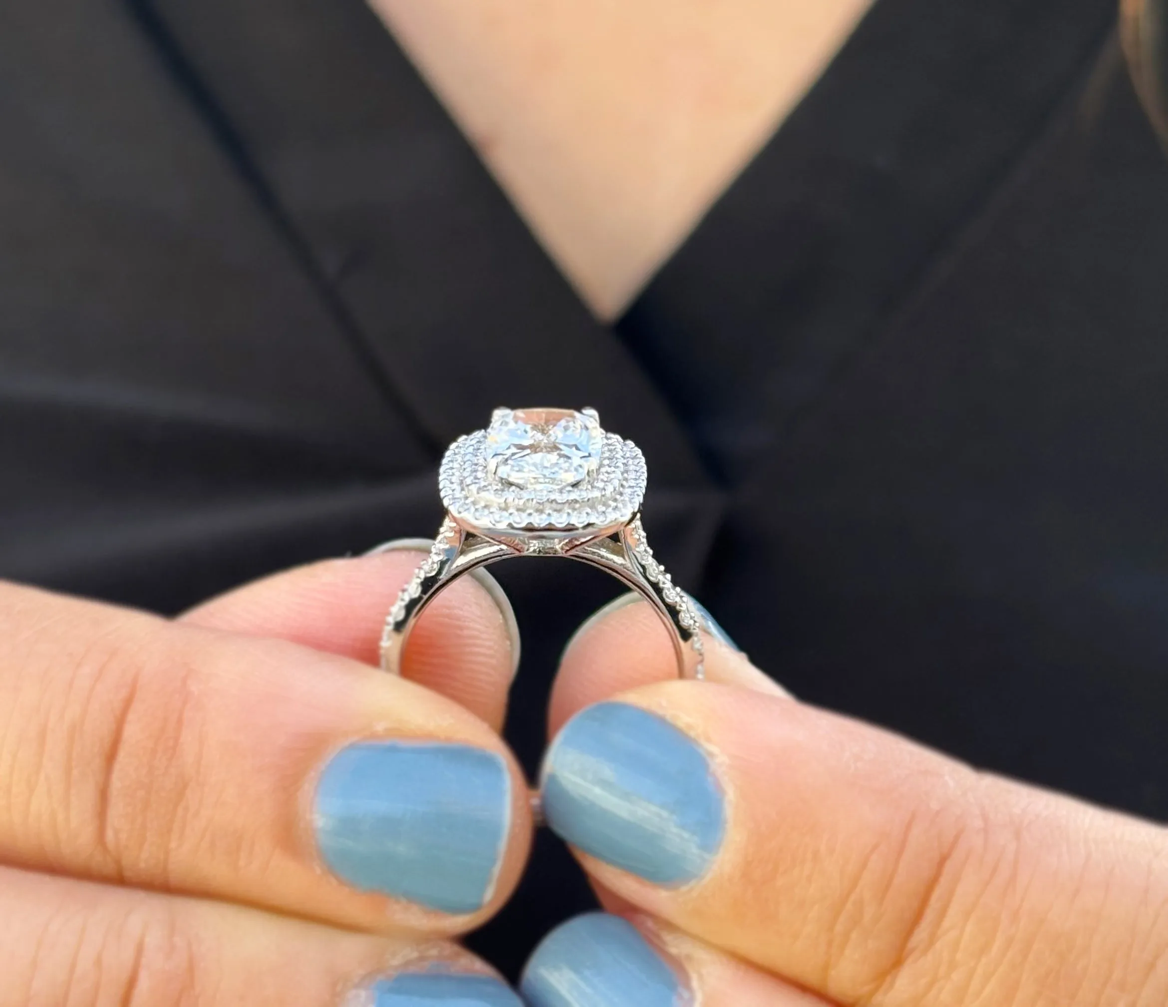 Elongated Cushion Cut And Round Cut Moissanite Engagement Ring And Matching Band 14k Solid White Gold Double Halo Bridal Set 2.70ctw
