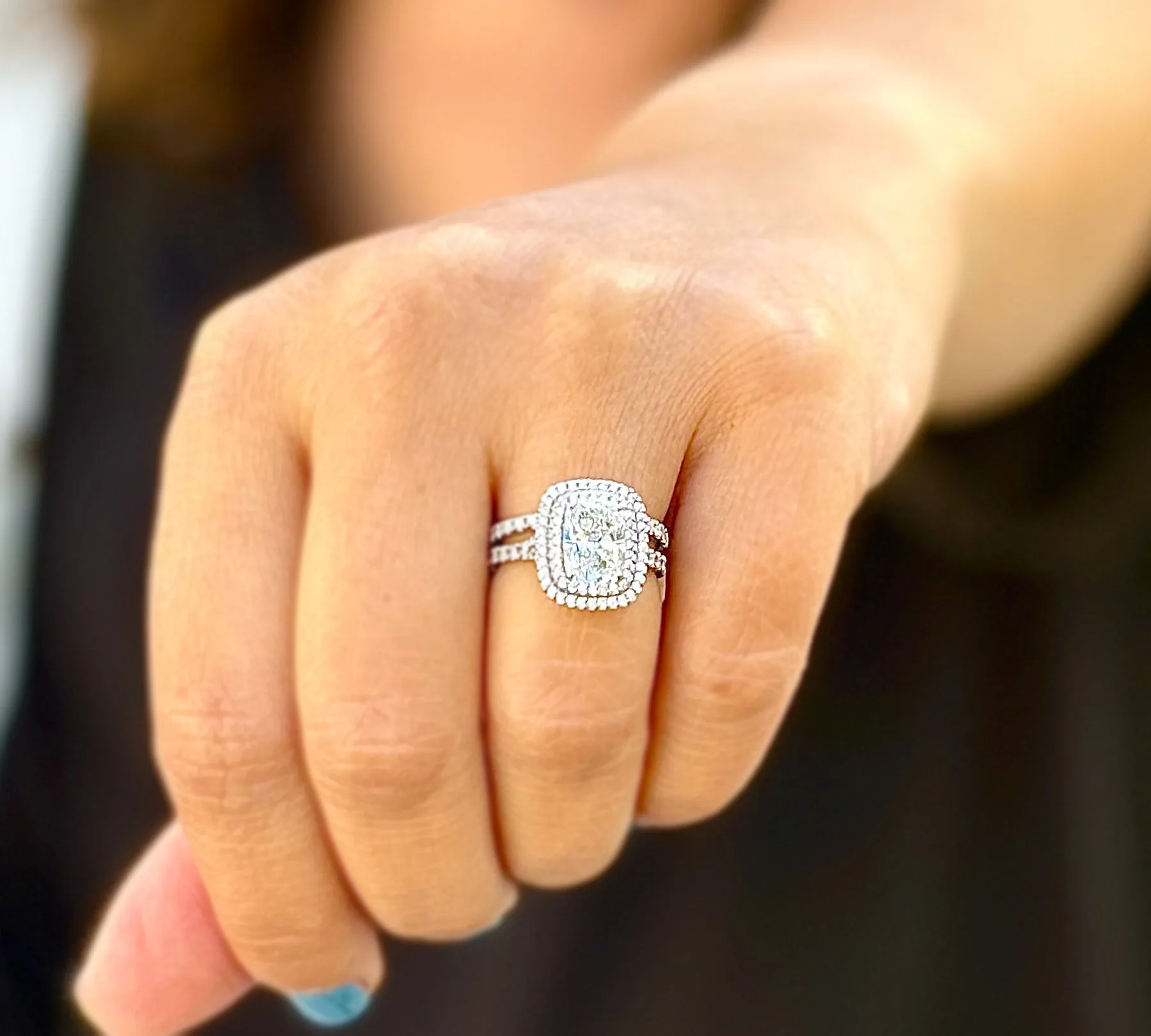 Elongated Cushion Cut And Round Cut Moissanite Engagement Ring And Matching Band 14k Solid White Gold Double Halo Bridal Set 2.70ctw