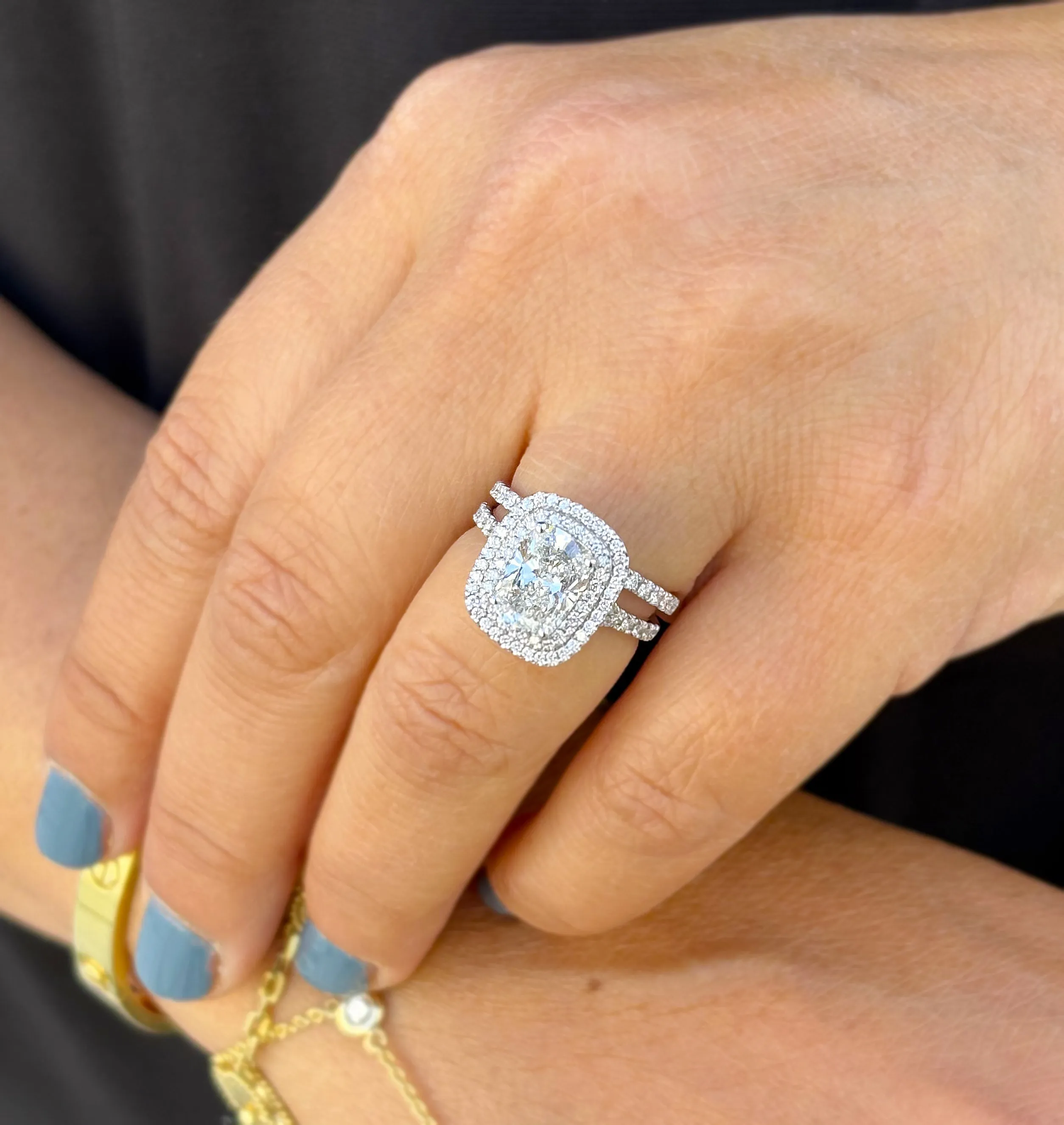 Elongated Cushion Cut And Round Cut Moissanite Engagement Ring And Matching Band 14k Solid White Gold Double Halo Bridal Set 2.70ctw
