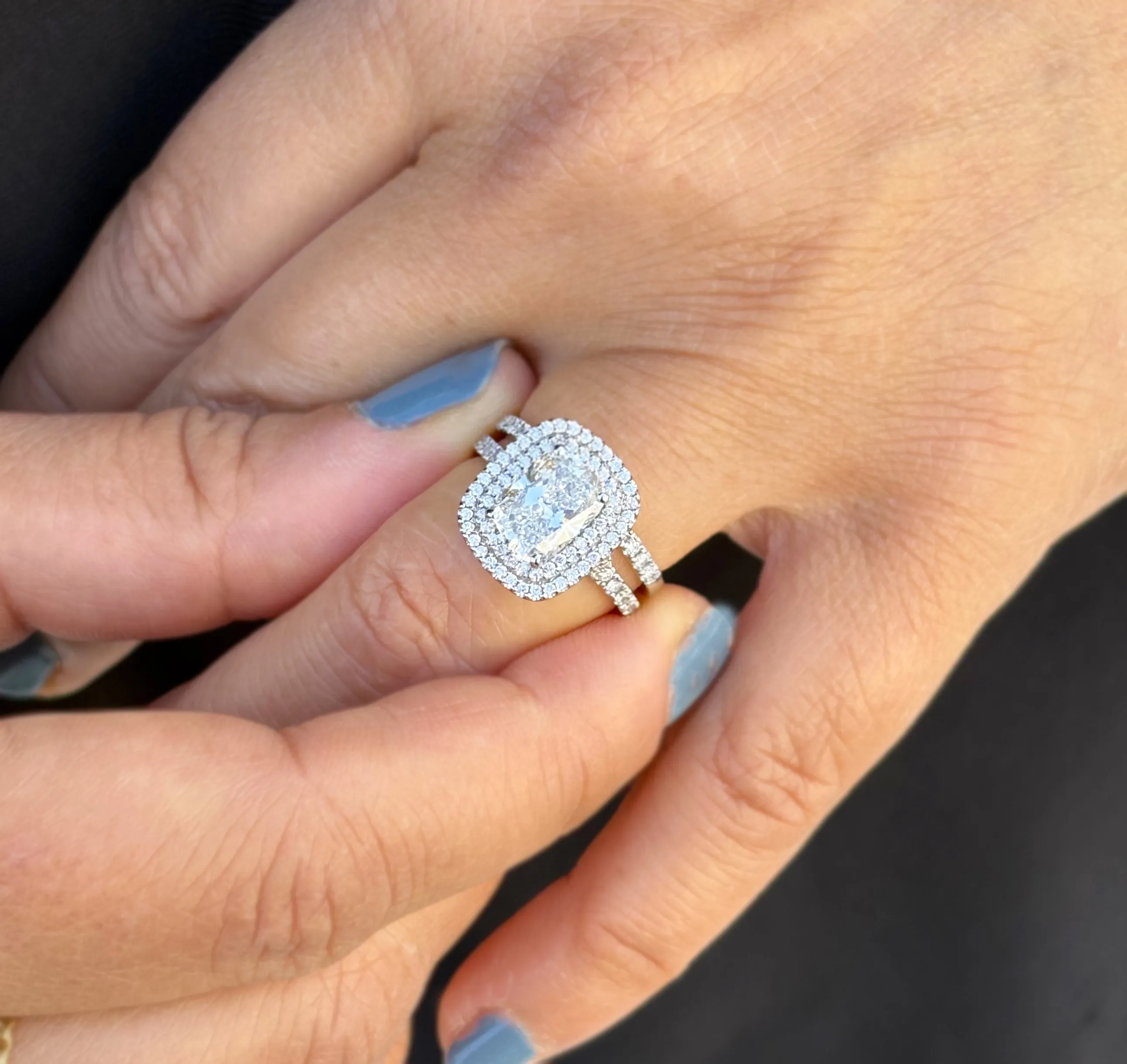 Elongated Cushion Cut And Round Cut Moissanite Engagement Ring And Matching Band 14k Solid White Gold Double Halo Bridal Set 2.70ctw