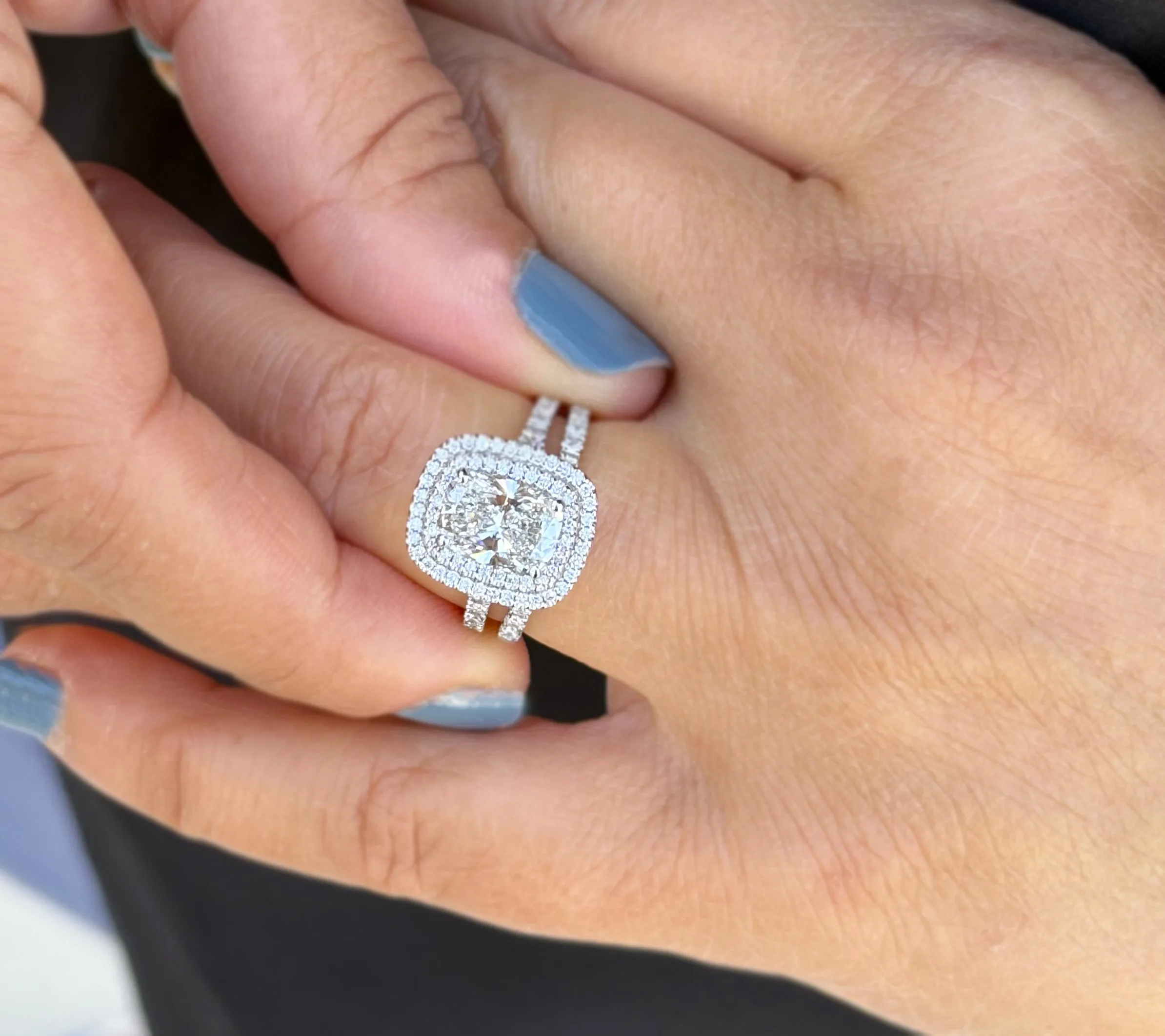 Elongated Cushion Cut And Round Cut Moissanite Engagement Ring And Matching Band 14k Solid White Gold Double Halo Bridal Set 2.70ctw