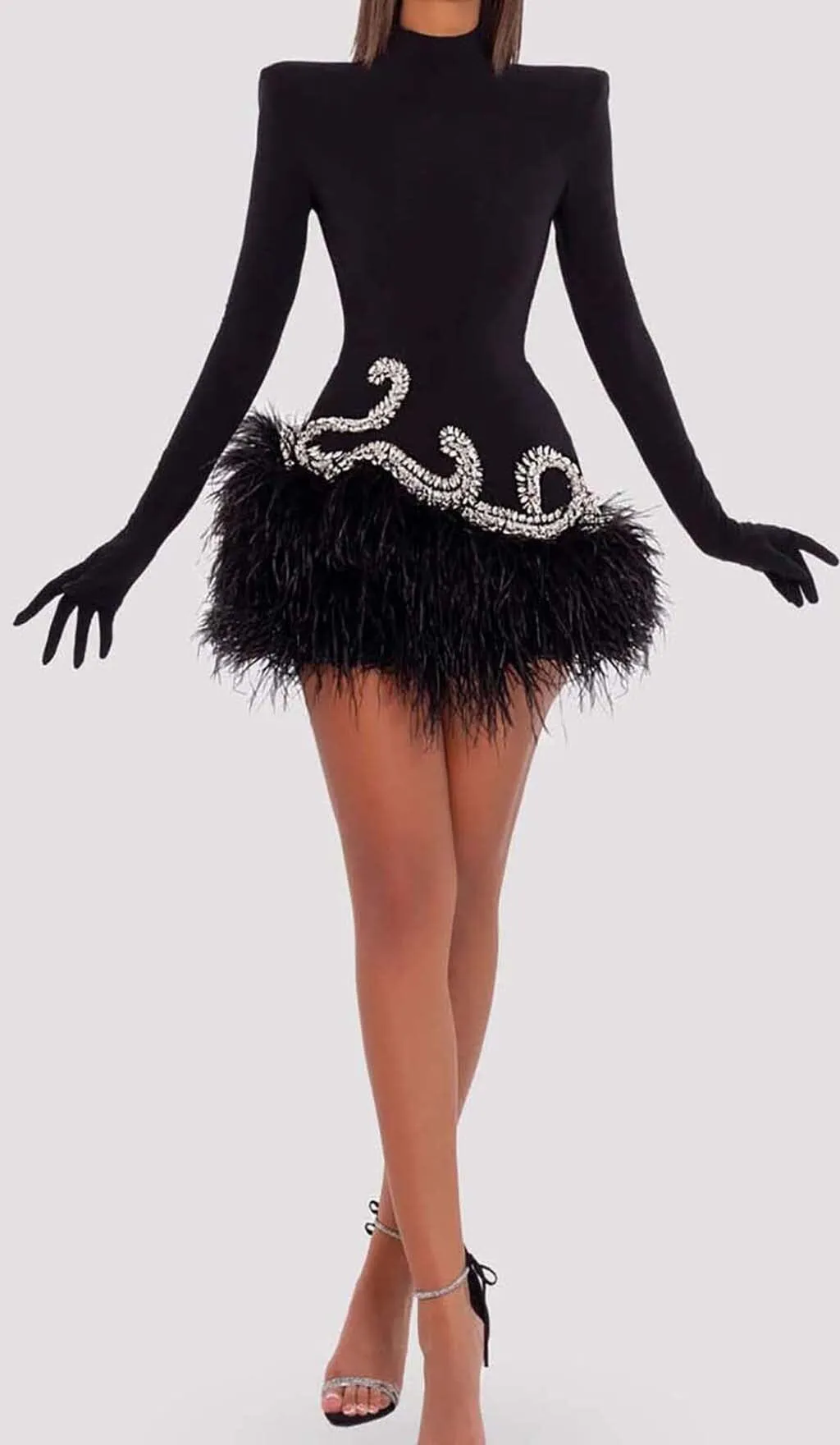 Embellished Velvet Feather Mini Dress In Black
