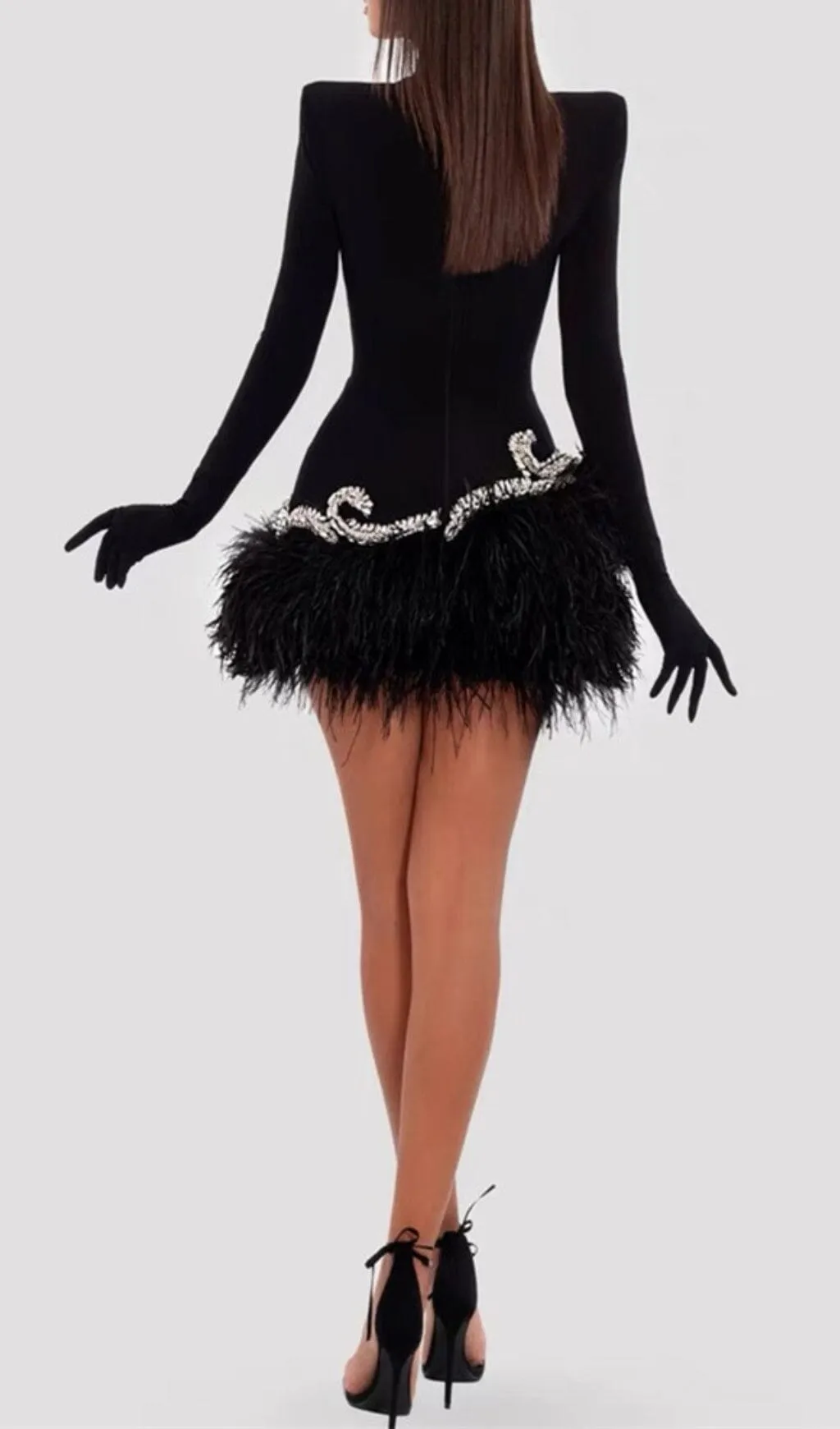 Embellished Velvet Feather Mini Dress In Black