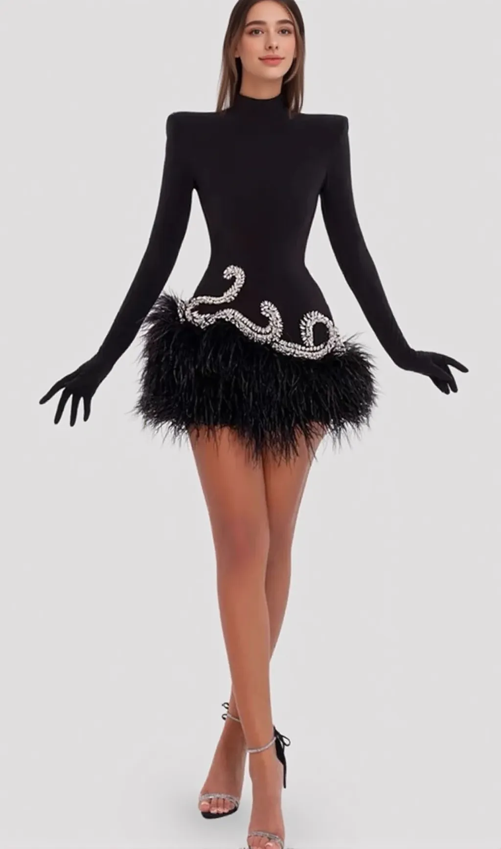 Embellished Velvet Feather Mini Dress In Black
