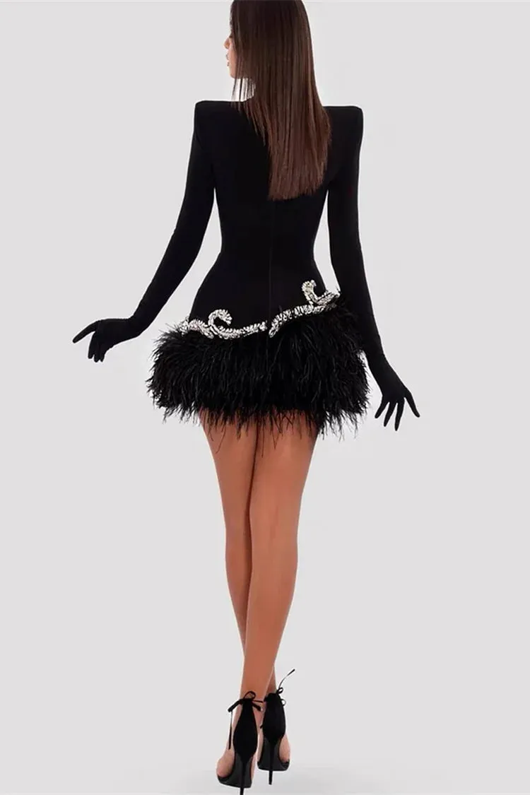 Embellished Velvet Feather Mini Dress In Black