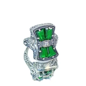 Emerald Ring, Size 5, Versailles Sterling Silver Bow & Baguette Ring, Baroque Jewelry D595 - Ready to Ship