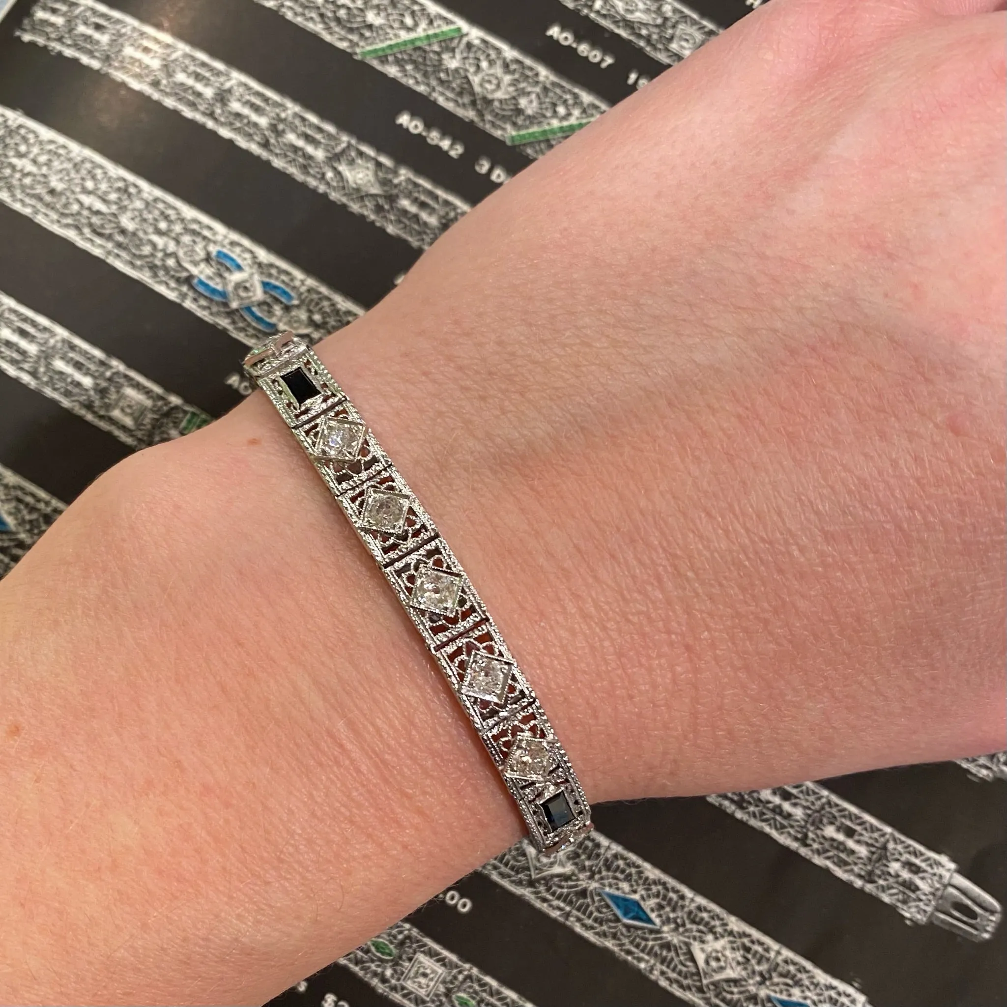 Exquisite Filigree Diamond & Sapphire Line Bracelet
