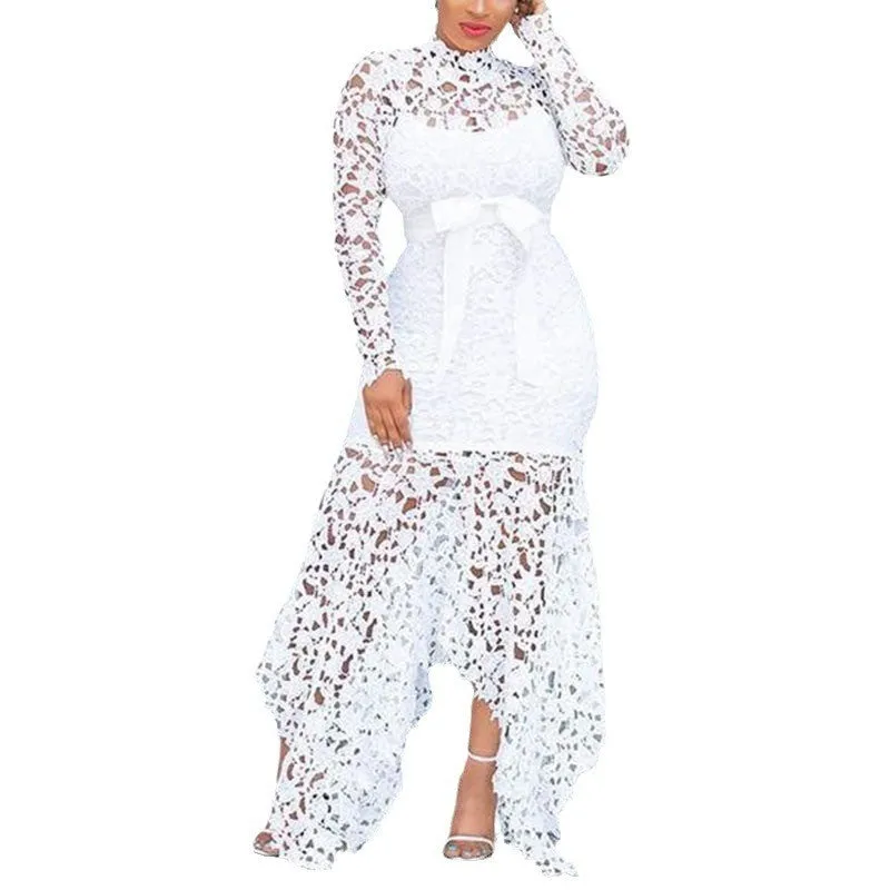 Exquisite High-Neck Long Sleeve Lace Dress with Irregular Hem