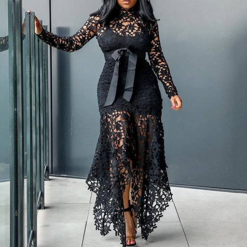 Exquisite High-Neck Long Sleeve Lace Dress with Irregular Hem